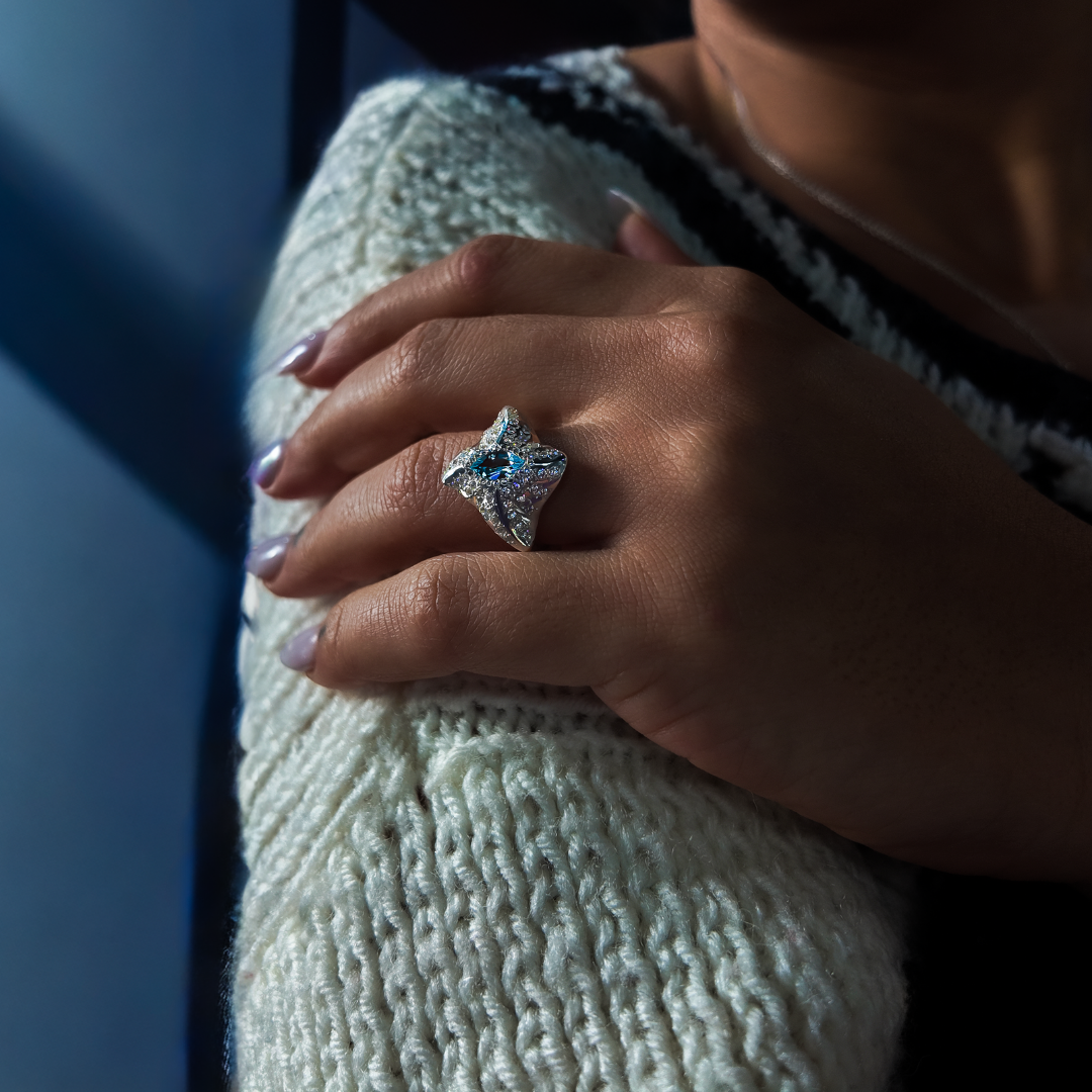 Manta Ray Silver Marquise Gemstone Ring - White Cubic Zirconias