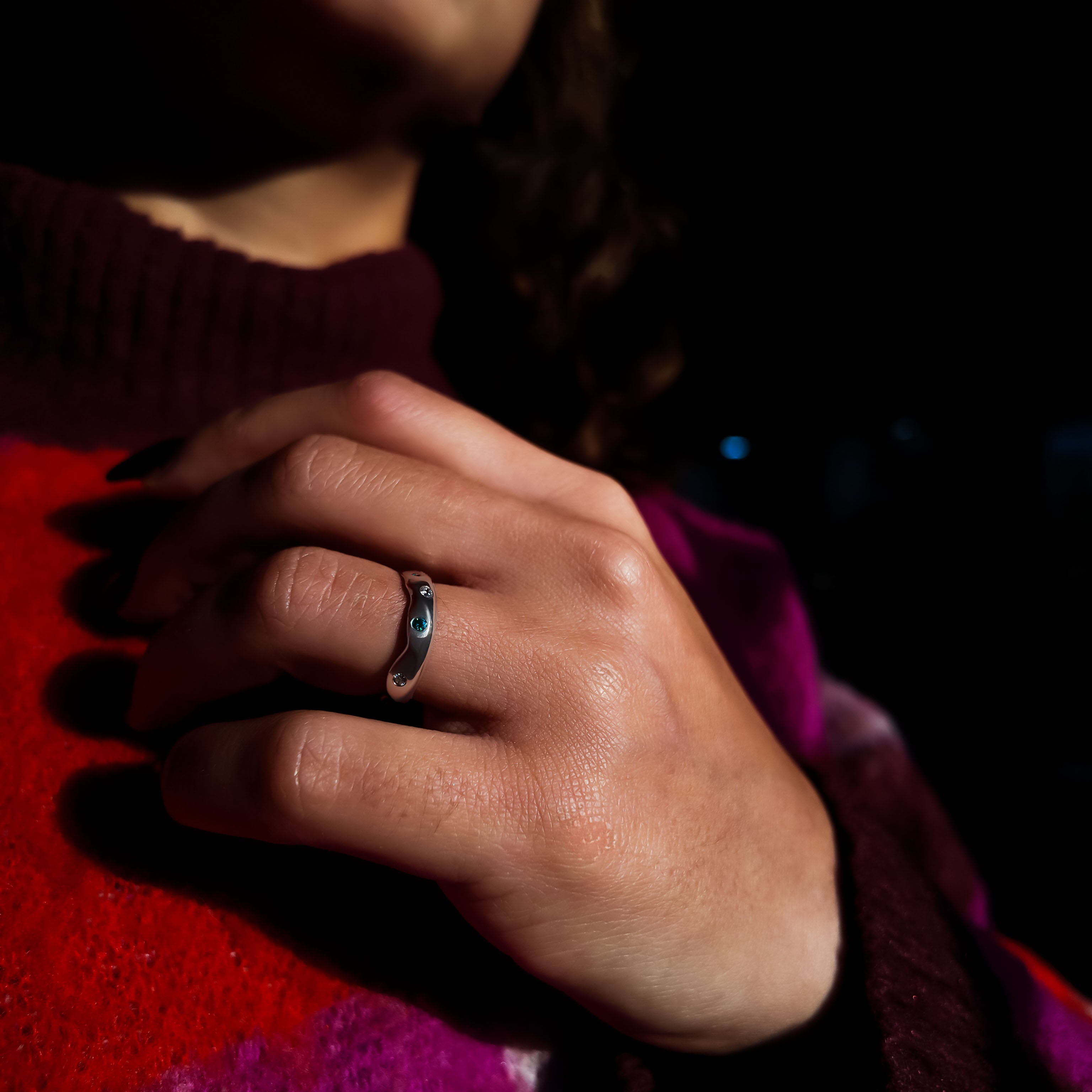 Carved Platinum Blue & White Diamond Eternity Ring