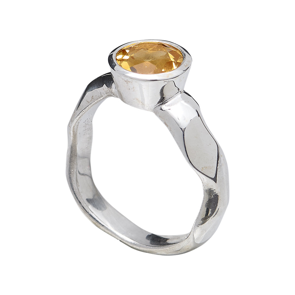 Carved Large Round Citrine Silver Ring