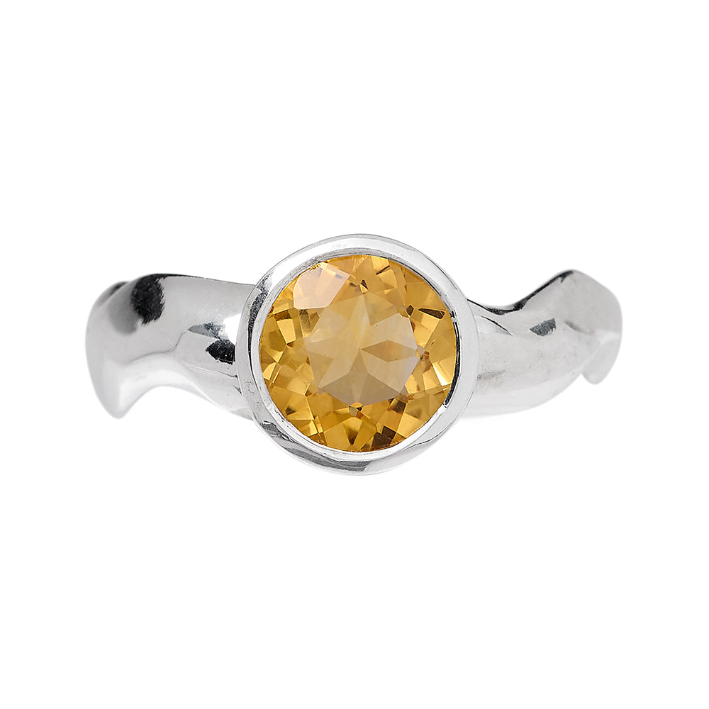 Carved Large Round Citrine Silver Ring