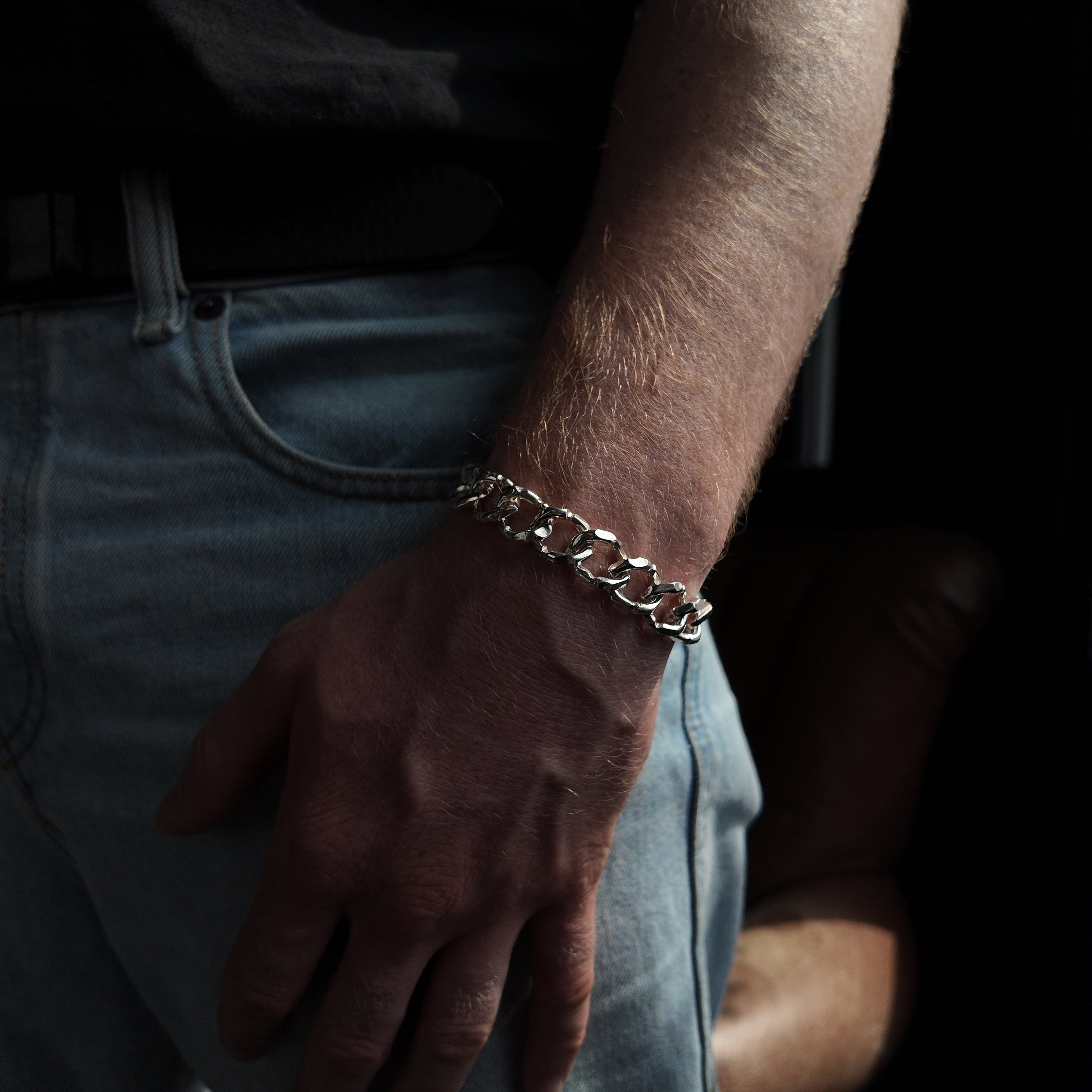 Carved Medium silver bracelet handshot with hand by side