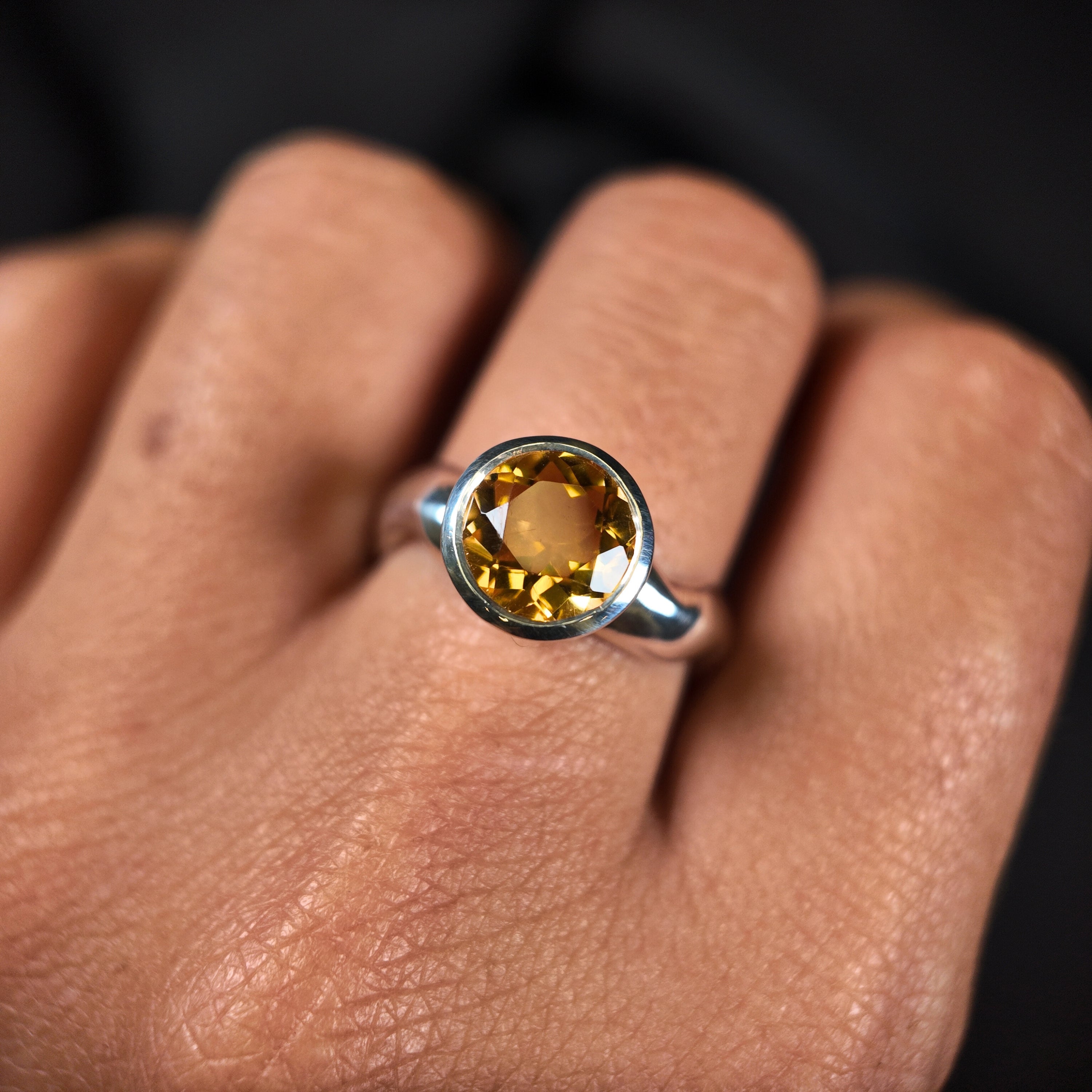 Carved Large Round Gemstone Silver Ring