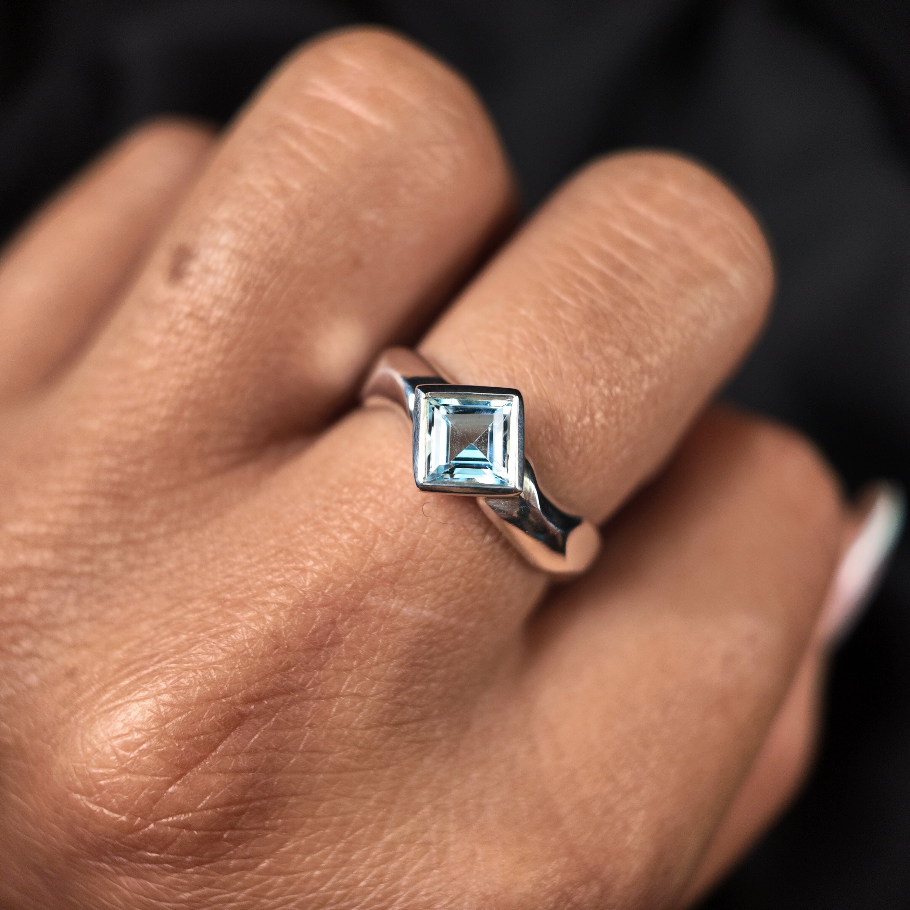 Carved Silver Small Square Gemstone Ring