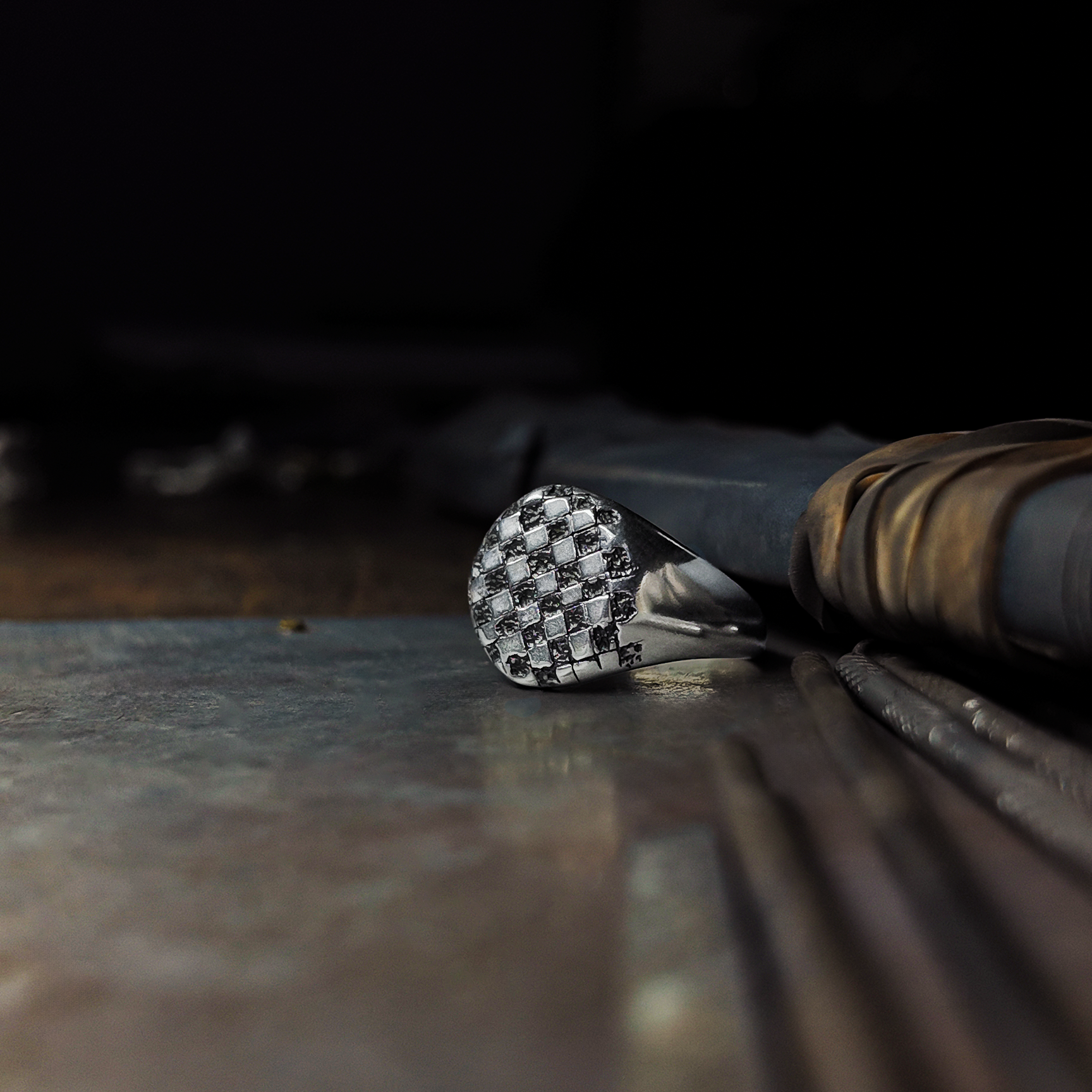 Chequered Heavy Silver Signet Ring