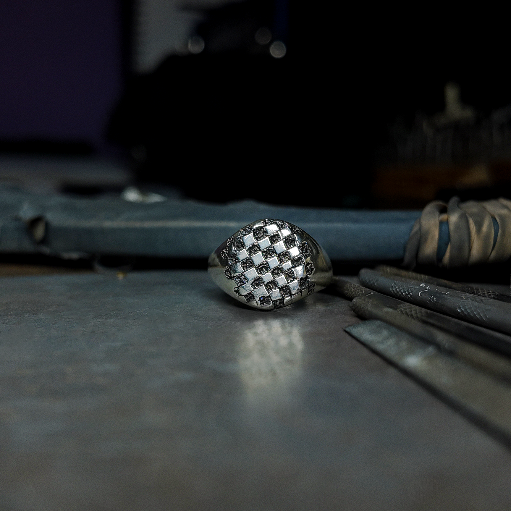 Chequered Heavy Silver Signet Ring