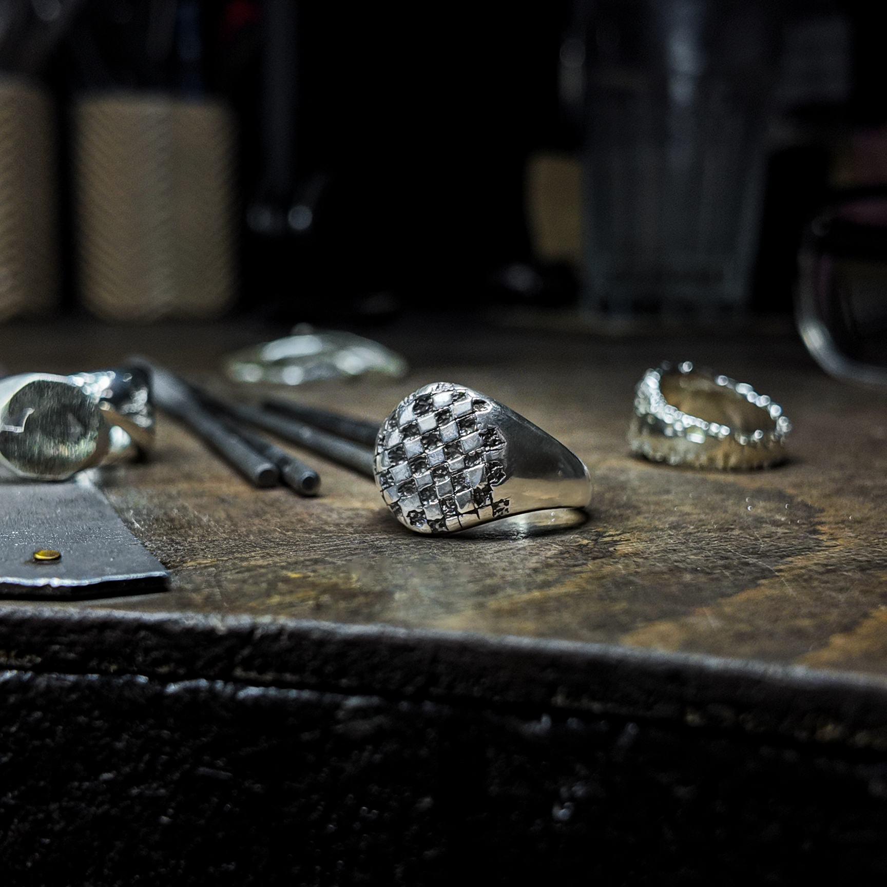 Chequered Heavy Silver Signet Ring