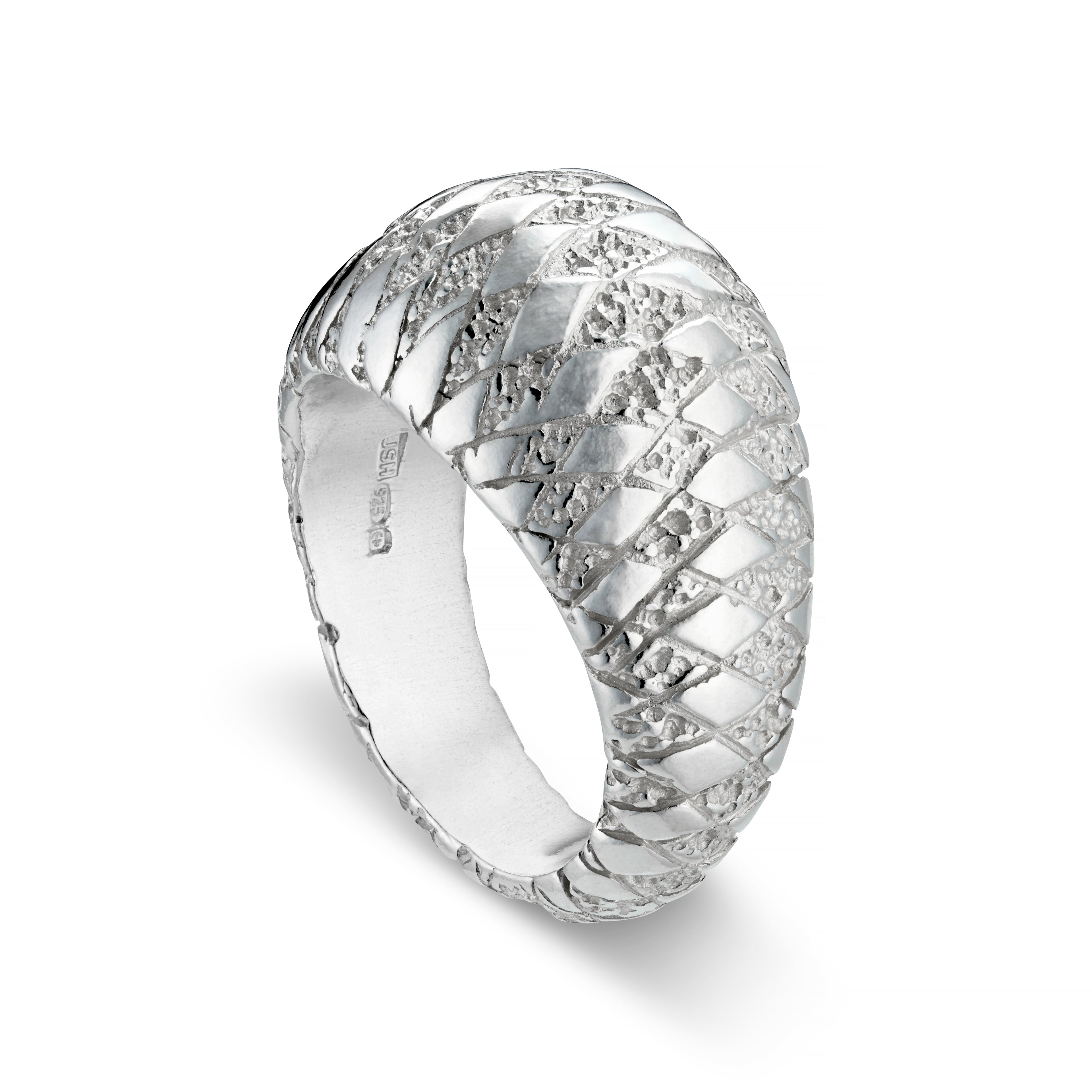 Polished silver ring from the Chequered collection on a white background