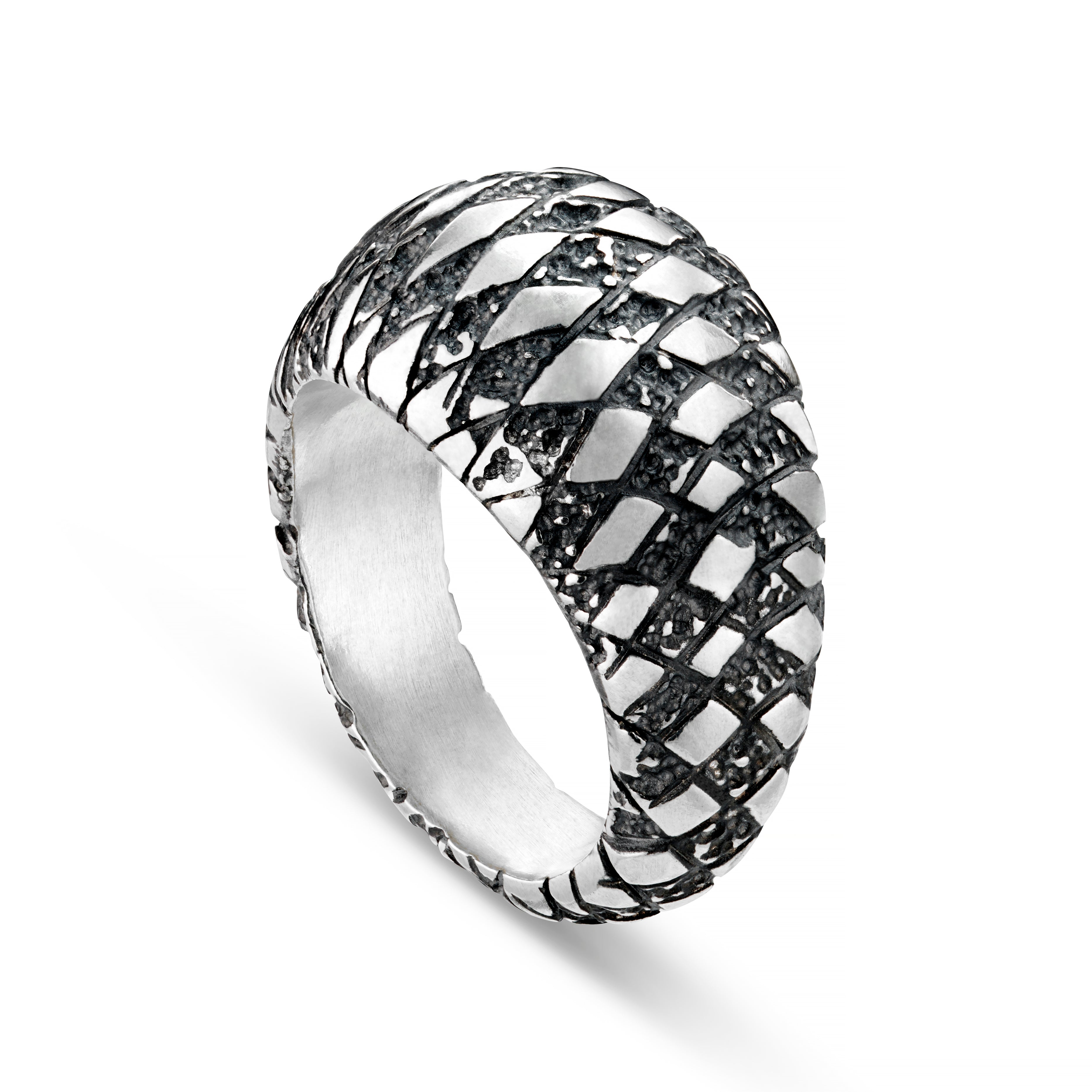 Oxidised silver ring from the Chequered collection on a white background