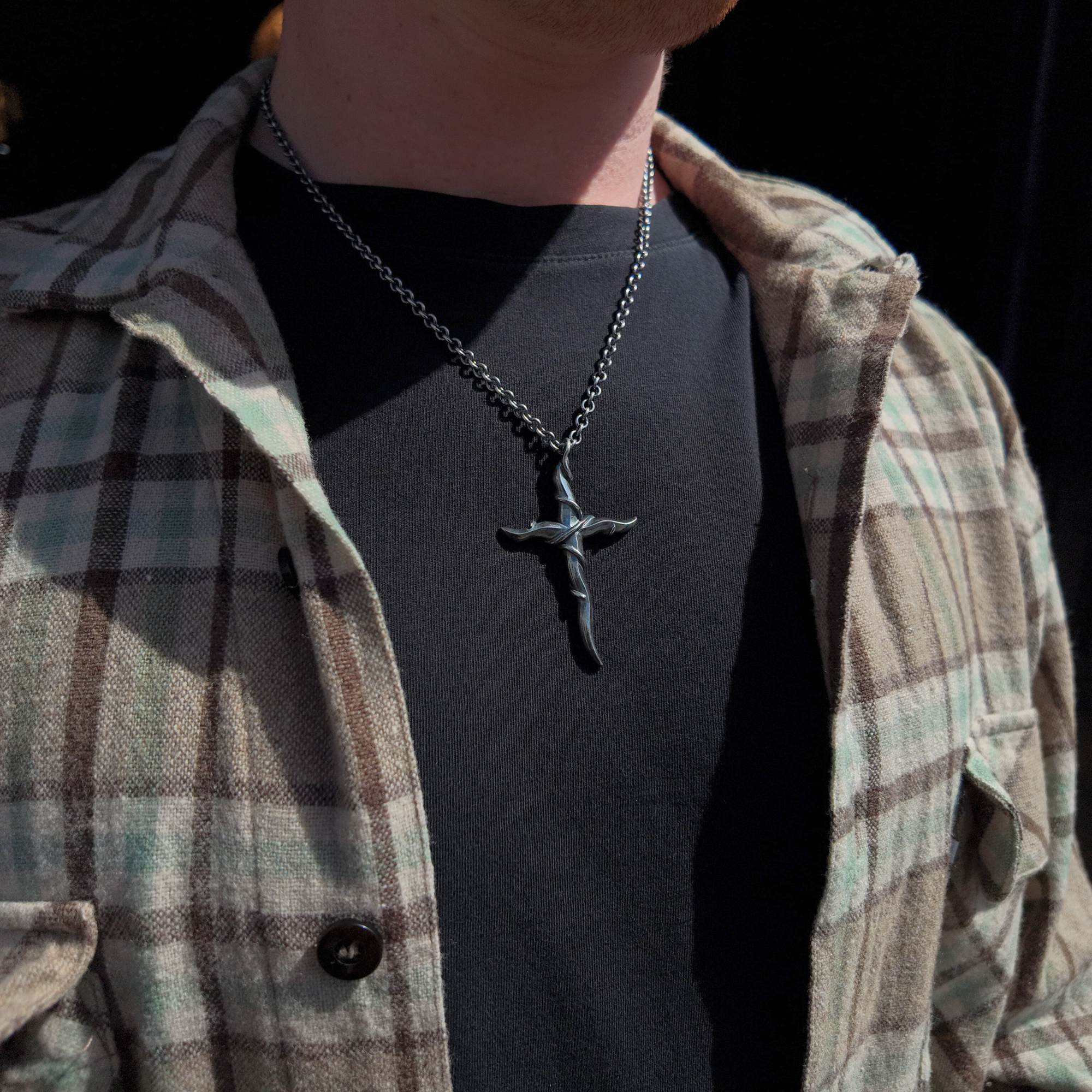 Entwine Large Silver Cross Necklace oxidised around neck
