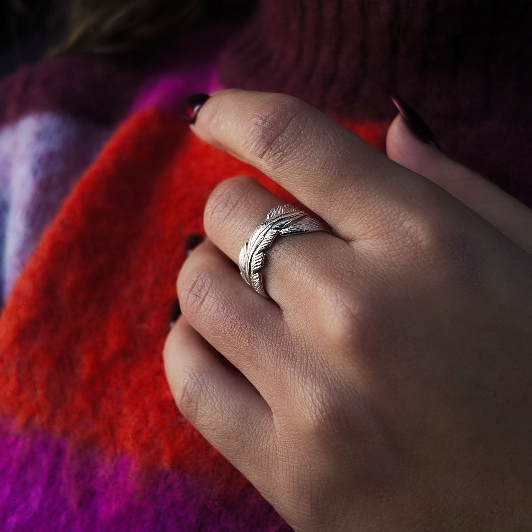 Feathers Silver Wide Ring