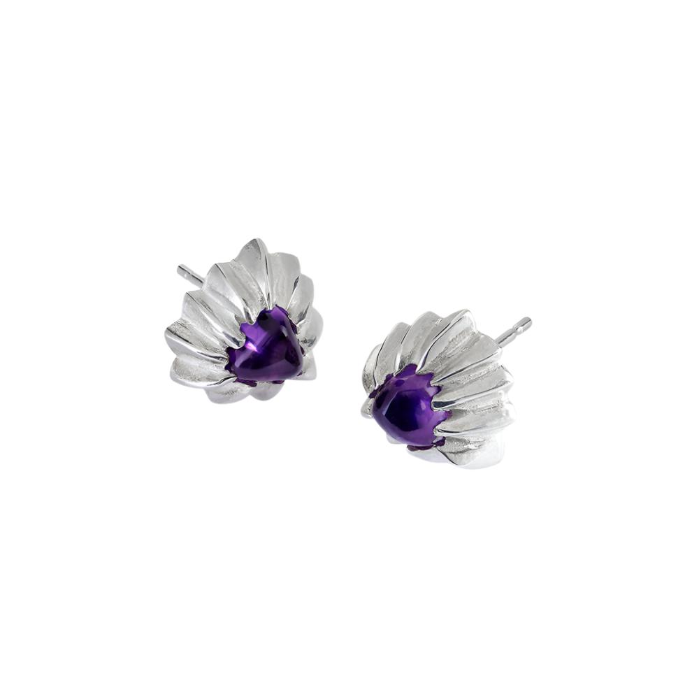 Forest Amethyst Stone Earrings. The detail on the ring resembles bark from oak forests.