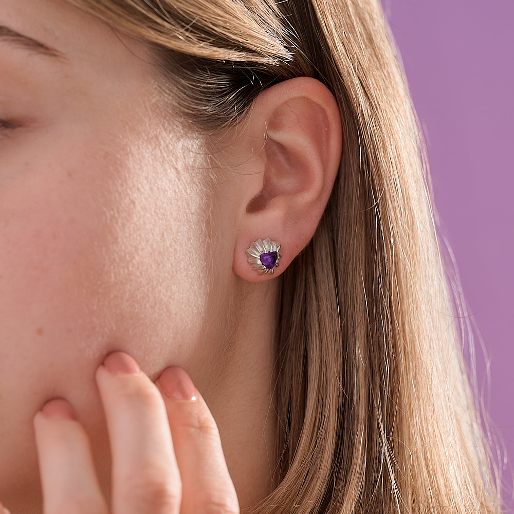 Forest Amethyst Stone Earrings. The detail on the ring resembles bark from oak forests.