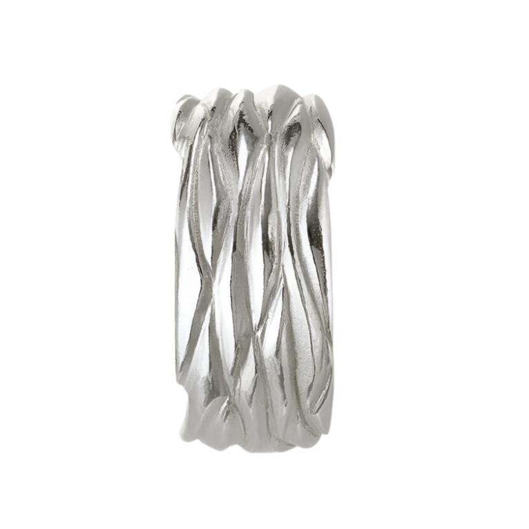 This silver ring measures 10mm in width.