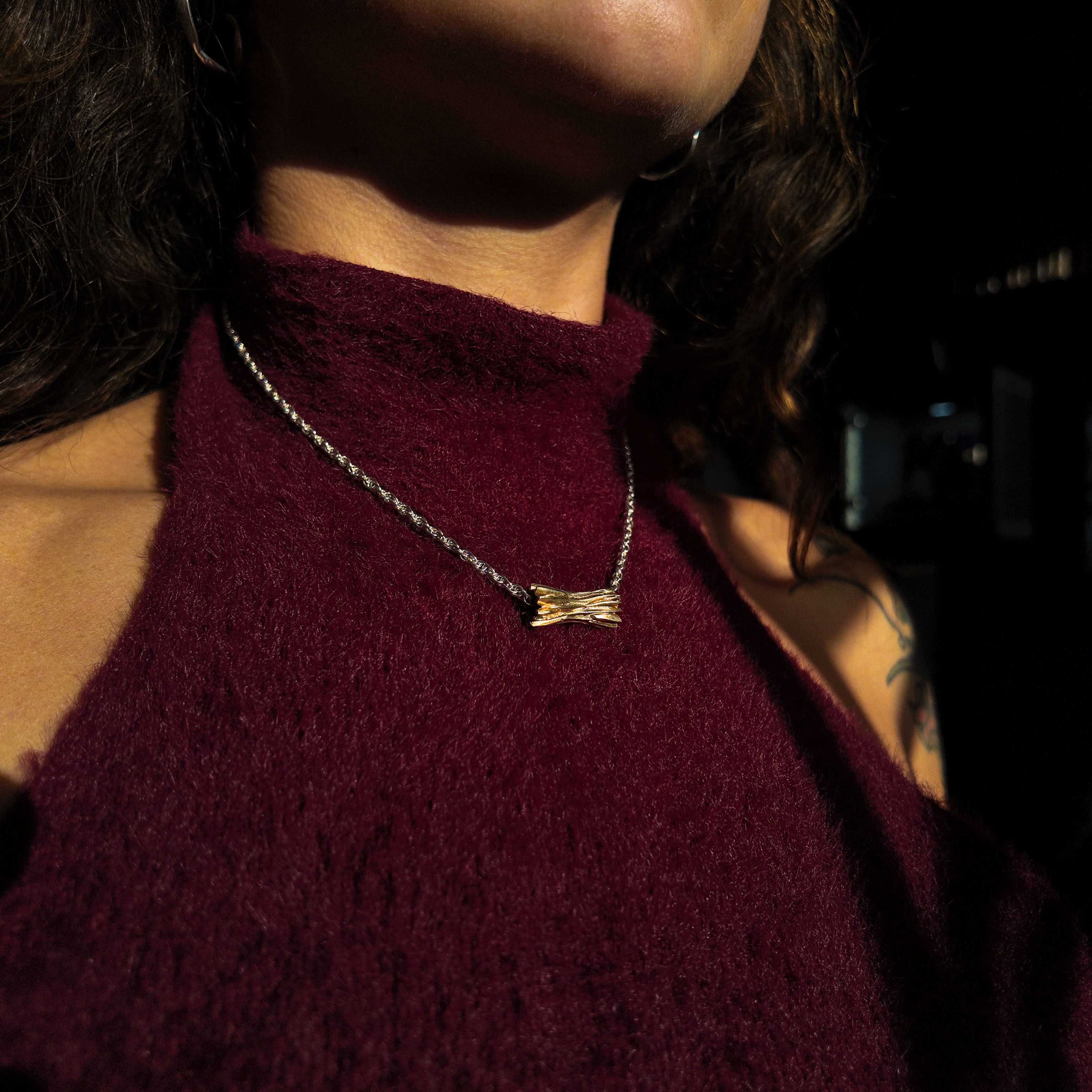 Forest Gold Plated Silver Cylinder Necklace