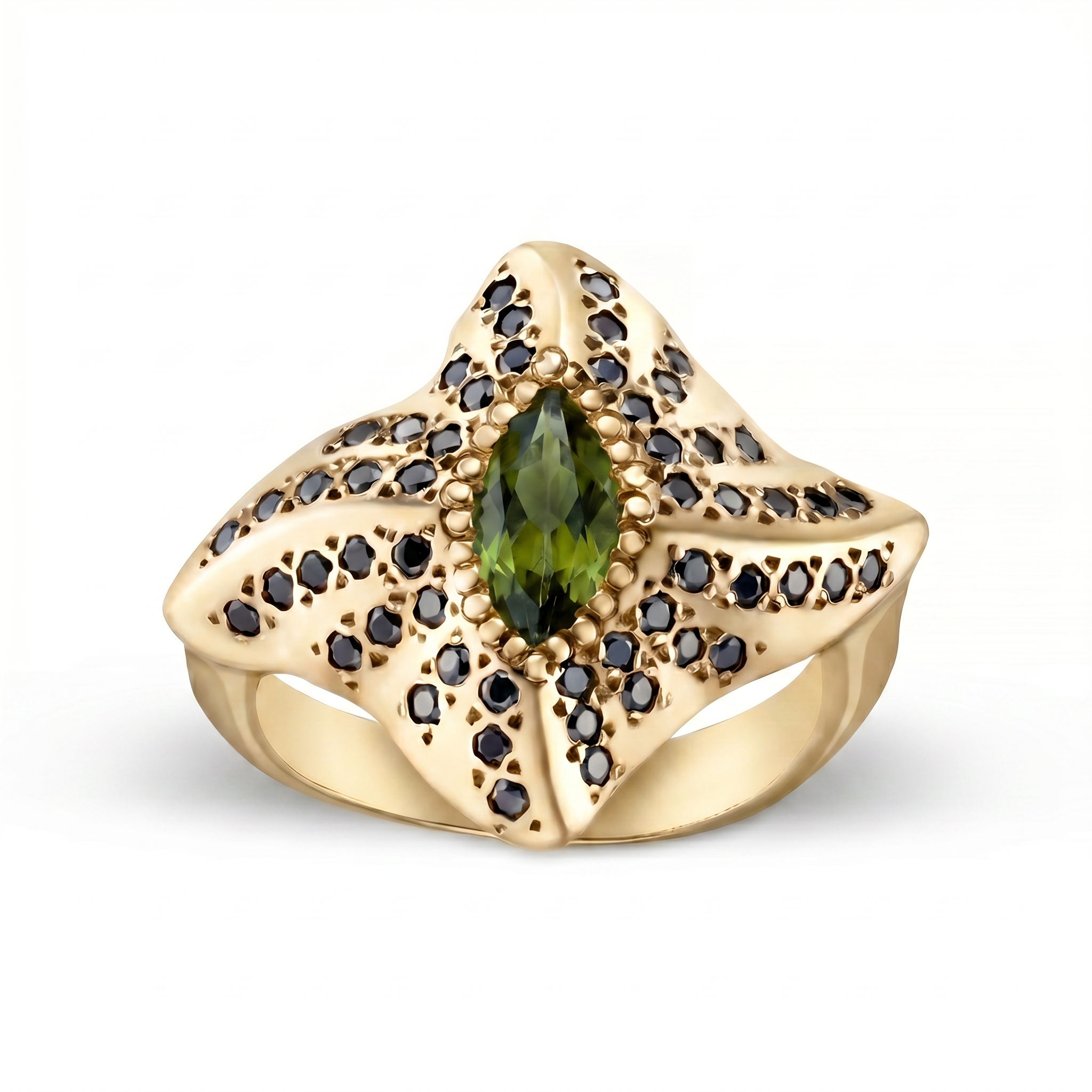 Manta Ray 9ct Gold Ring with Tourmaline and Black Diamonds