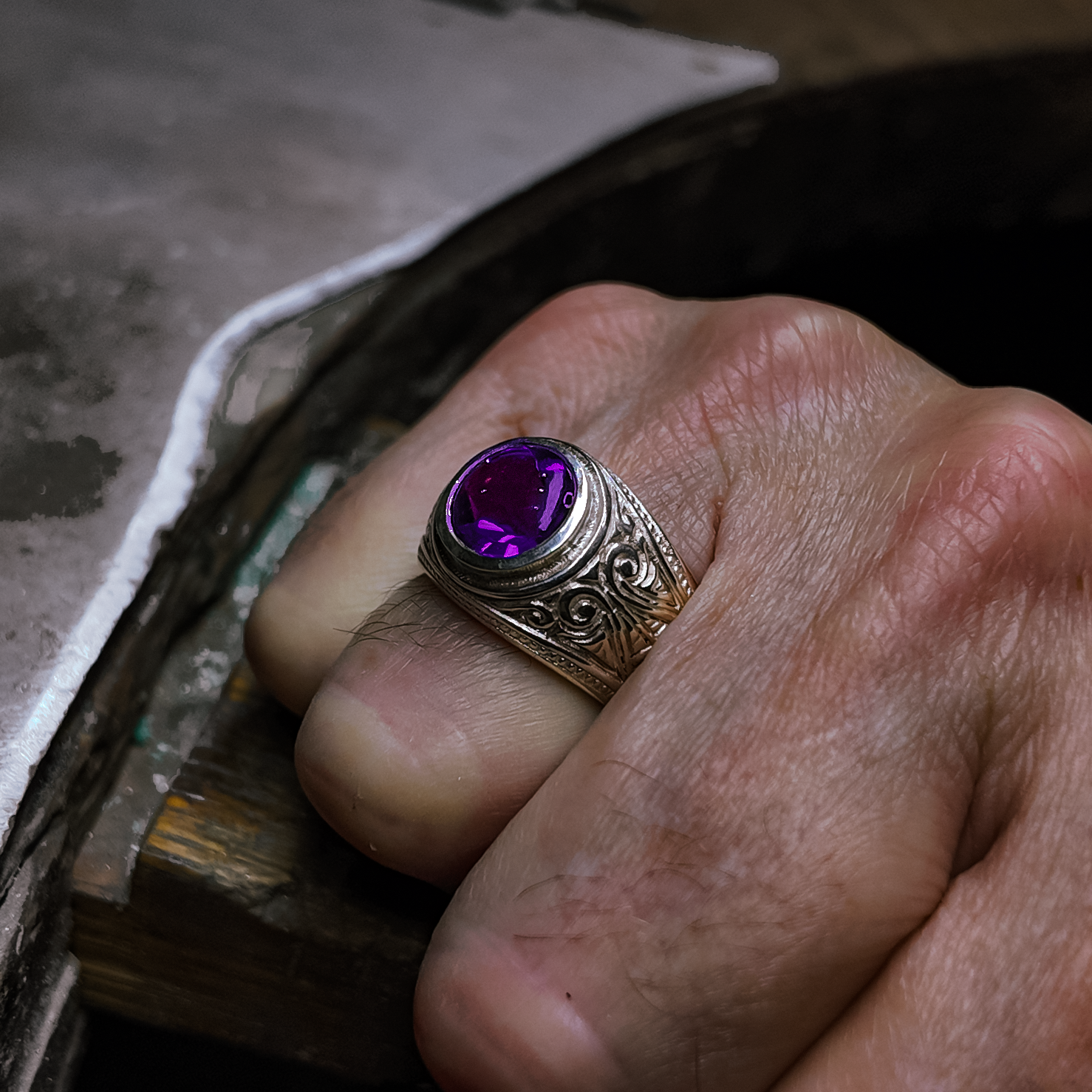 Hoye Division Traditional Engraved Amethyst Signet Ring