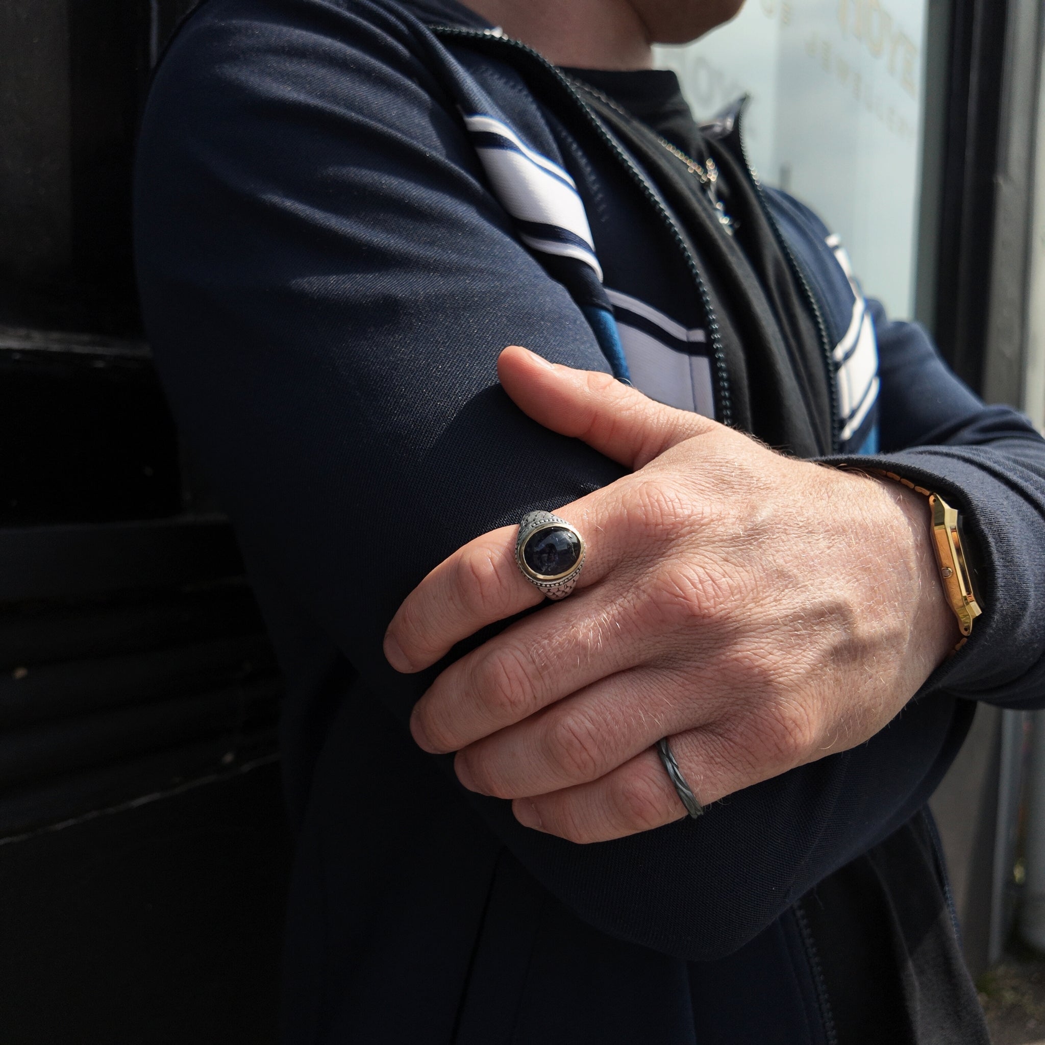 Hoye Division Fish Scale Silver Amethyst Signet Ring