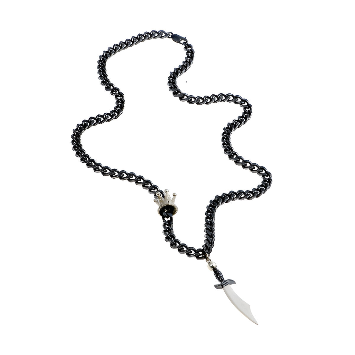 King & Queen Necklace on oxidised chain with crown and sabre - white background