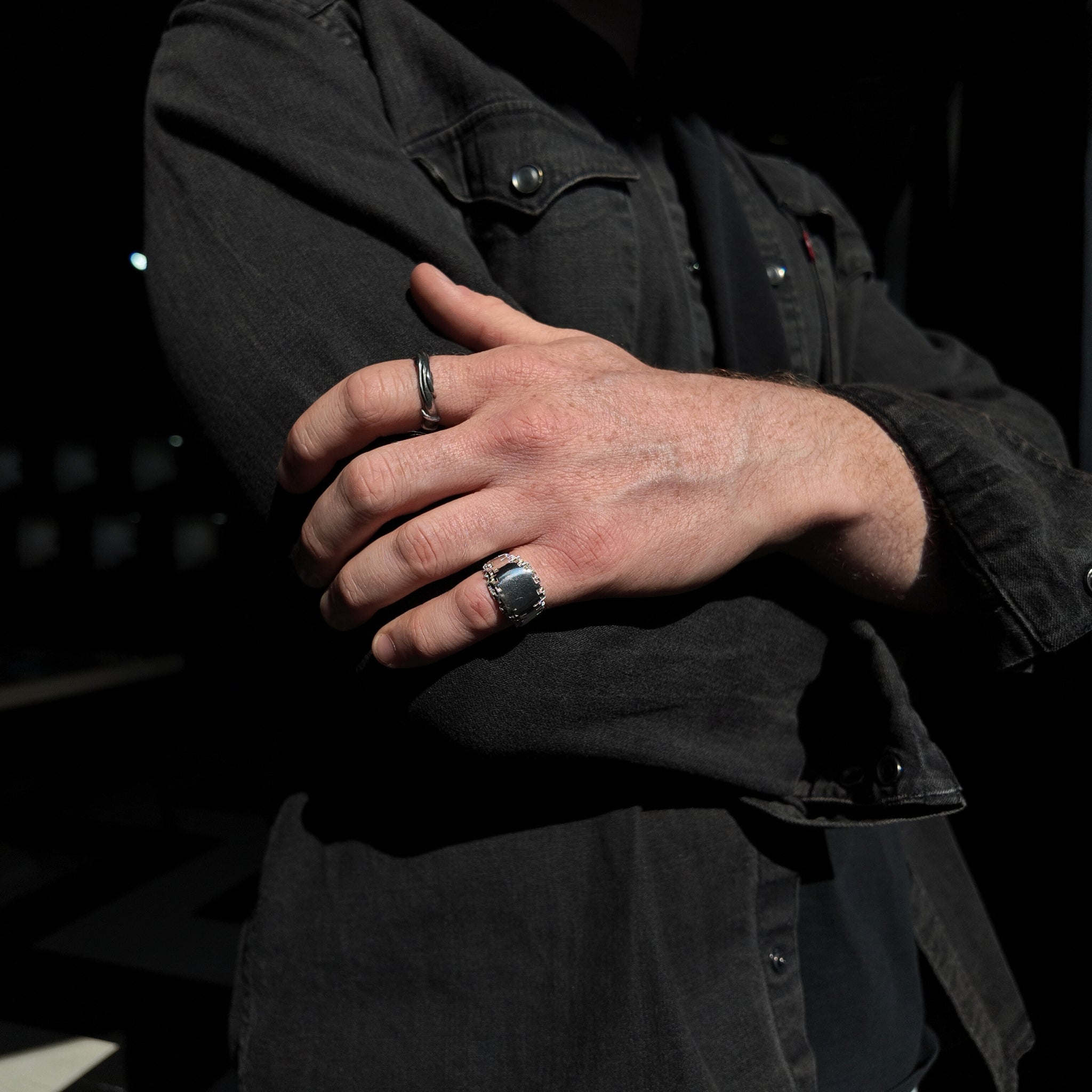 Luna small signet ring handshot n mans pinky finger