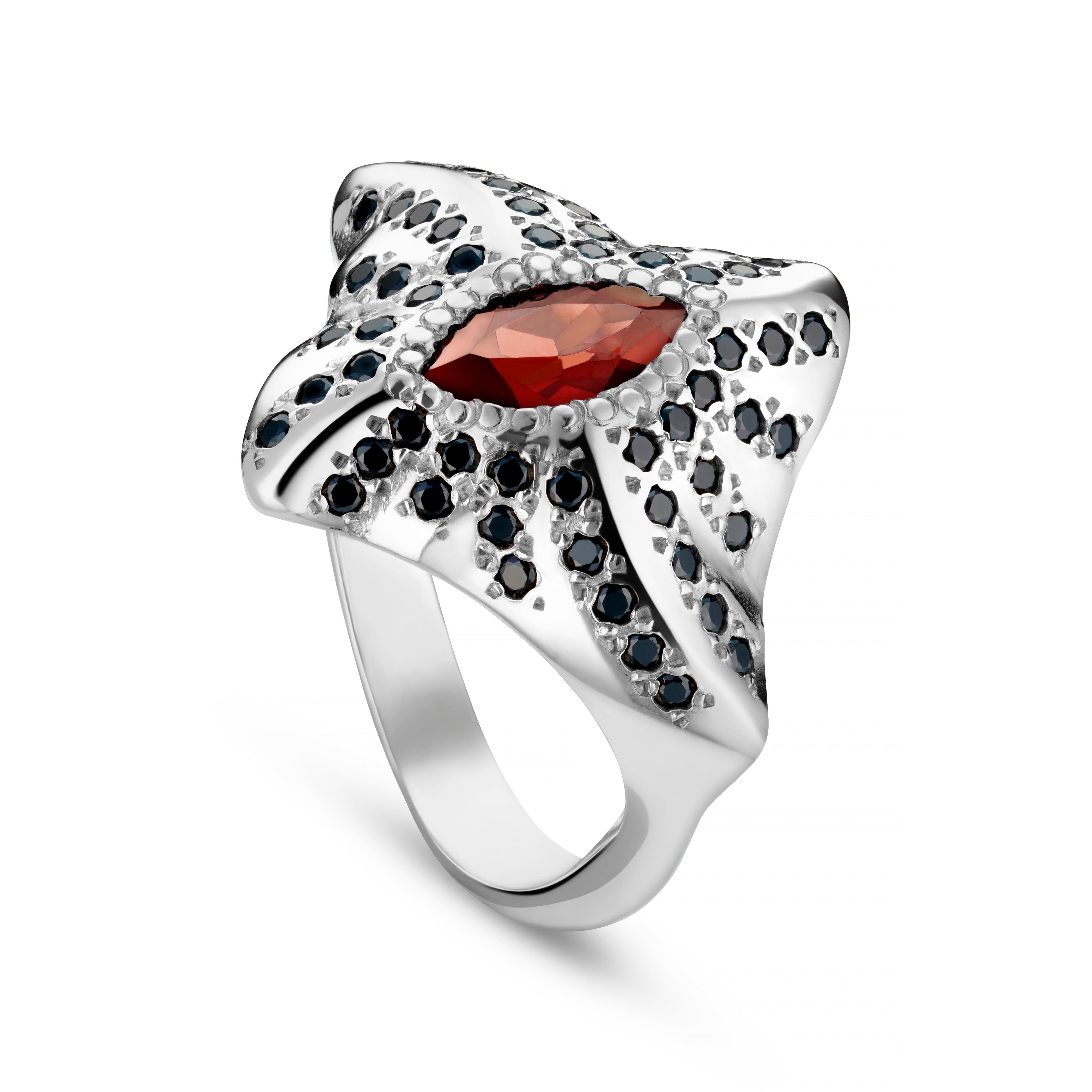 Manta Ray Silver Marquise Gemstone Ring - Black Cubic Zirconias