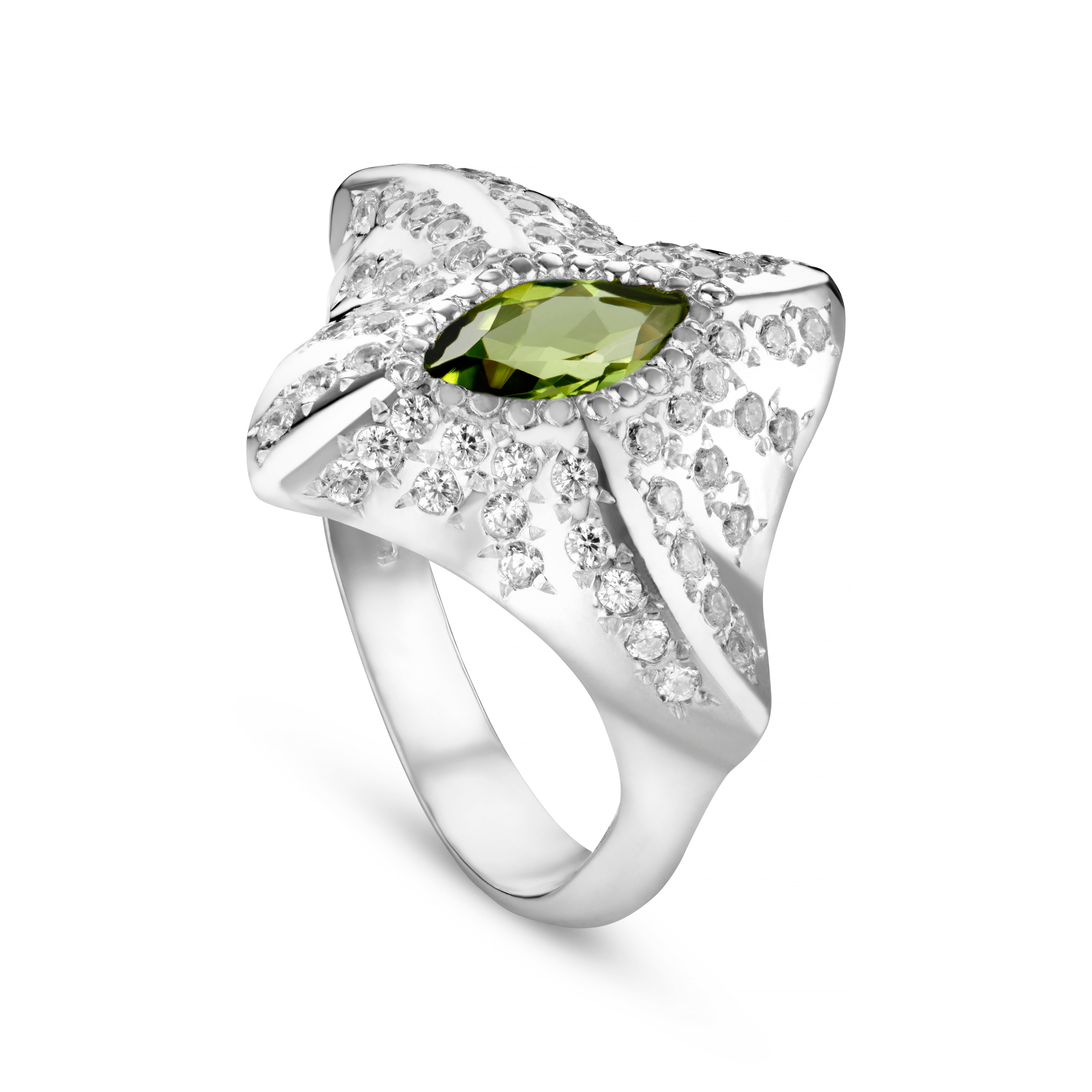Manta Ray Silver Marquise Gemstone Ring - White Cubic Zirconias