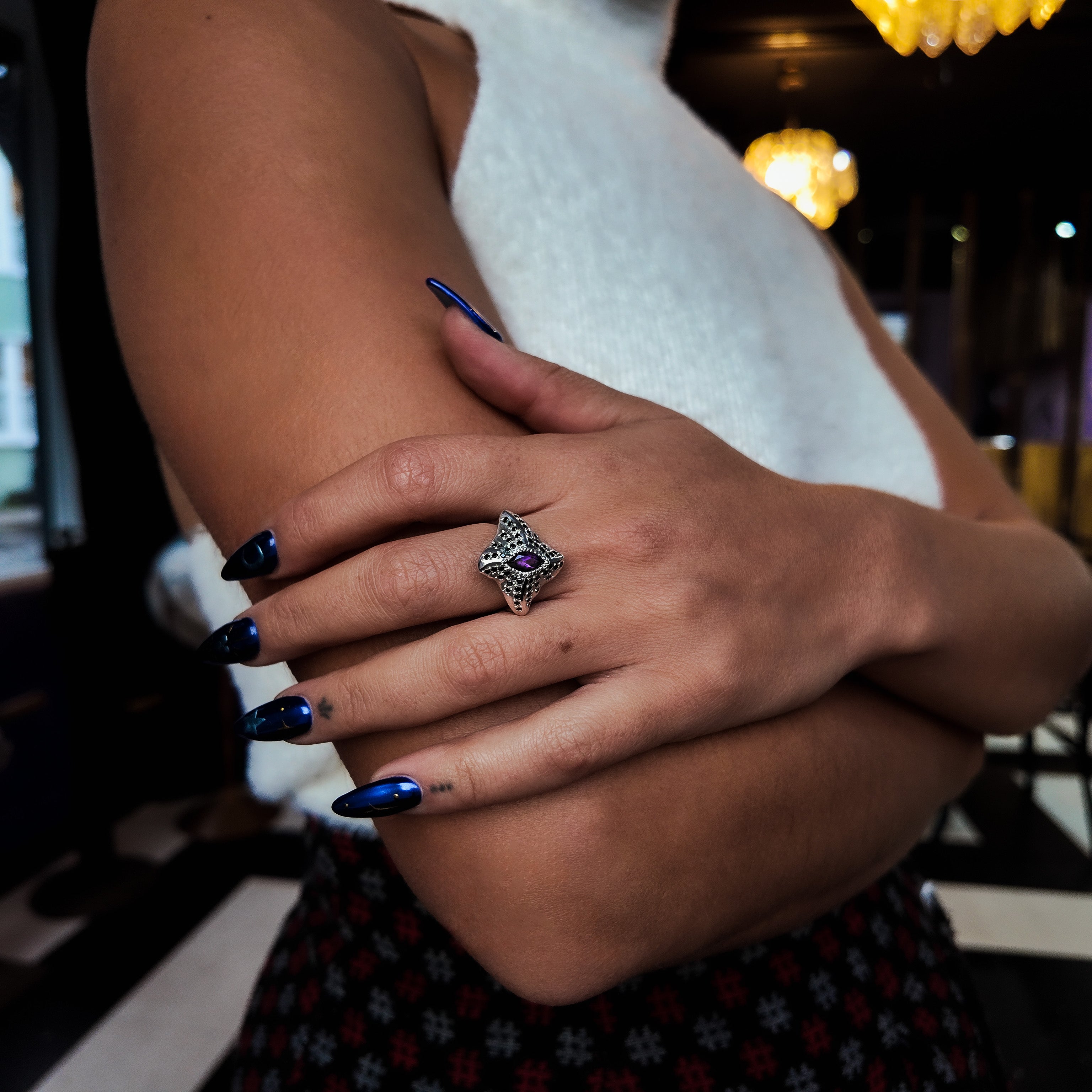 Manta Ray Silver Marquise Gemstone Ring