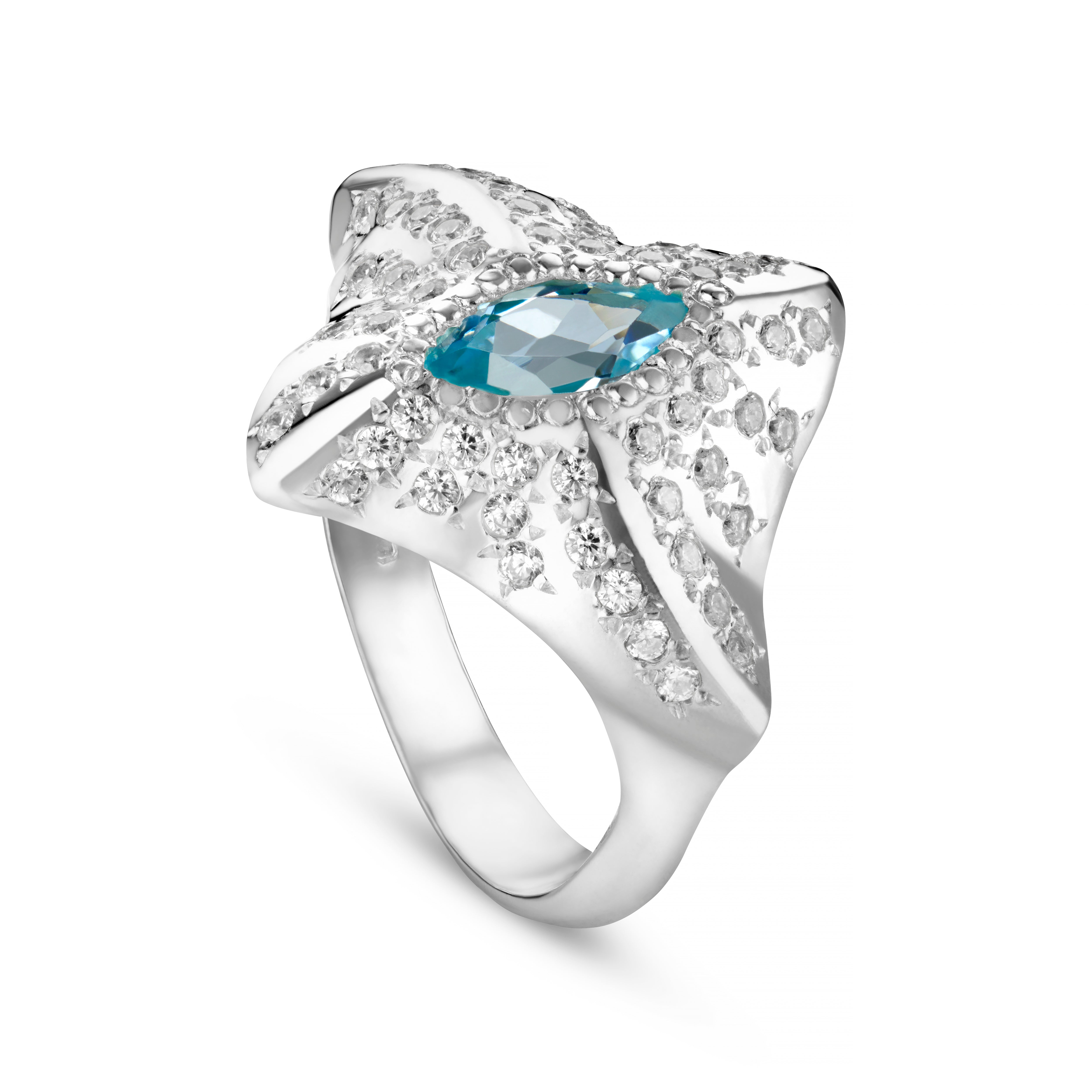 Manta Ray Silver Marquise Gemstone Ring - White Cubic Zirconias
