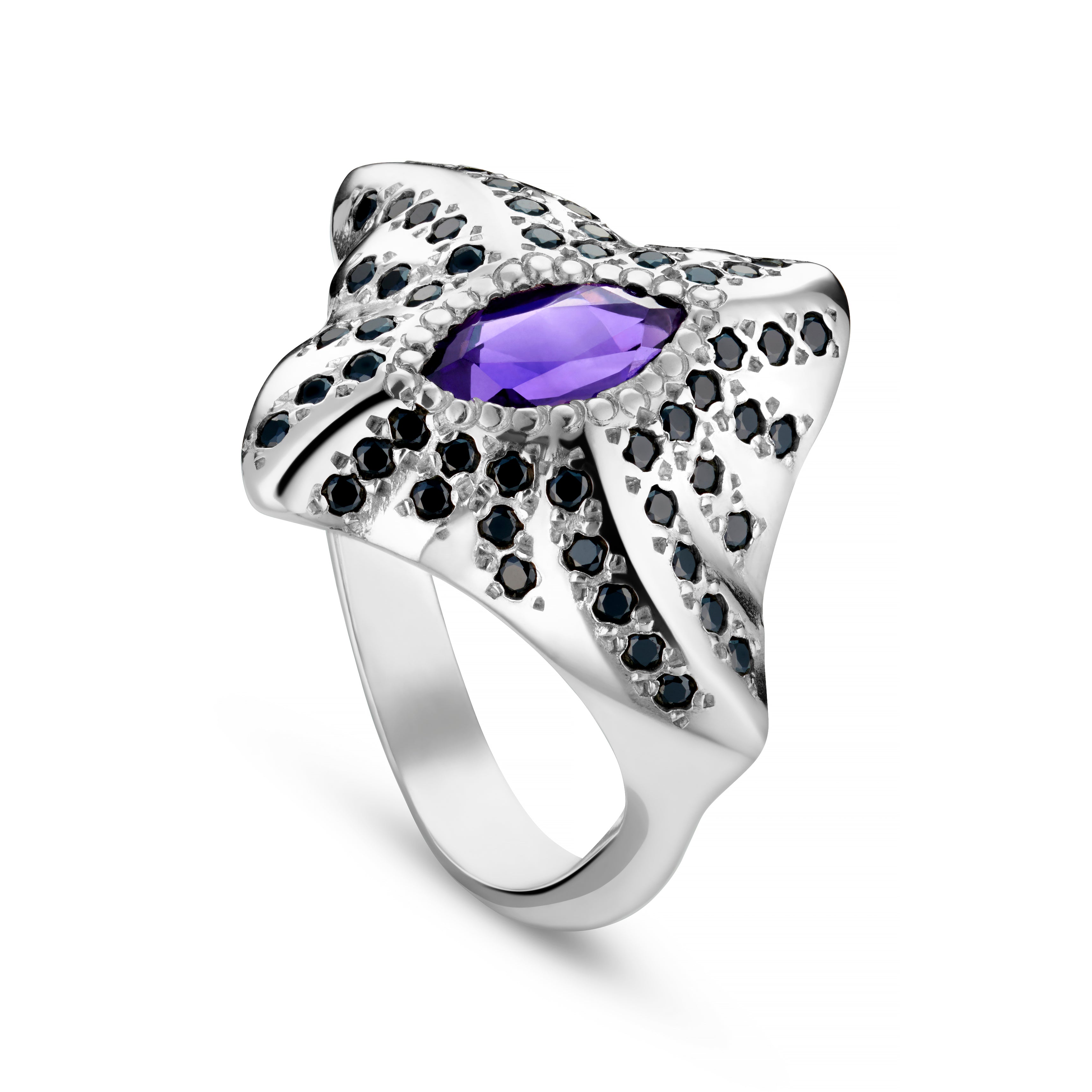 Manta Ray Silver Marquise Gemstone Ring - Black Cubic Zirconias