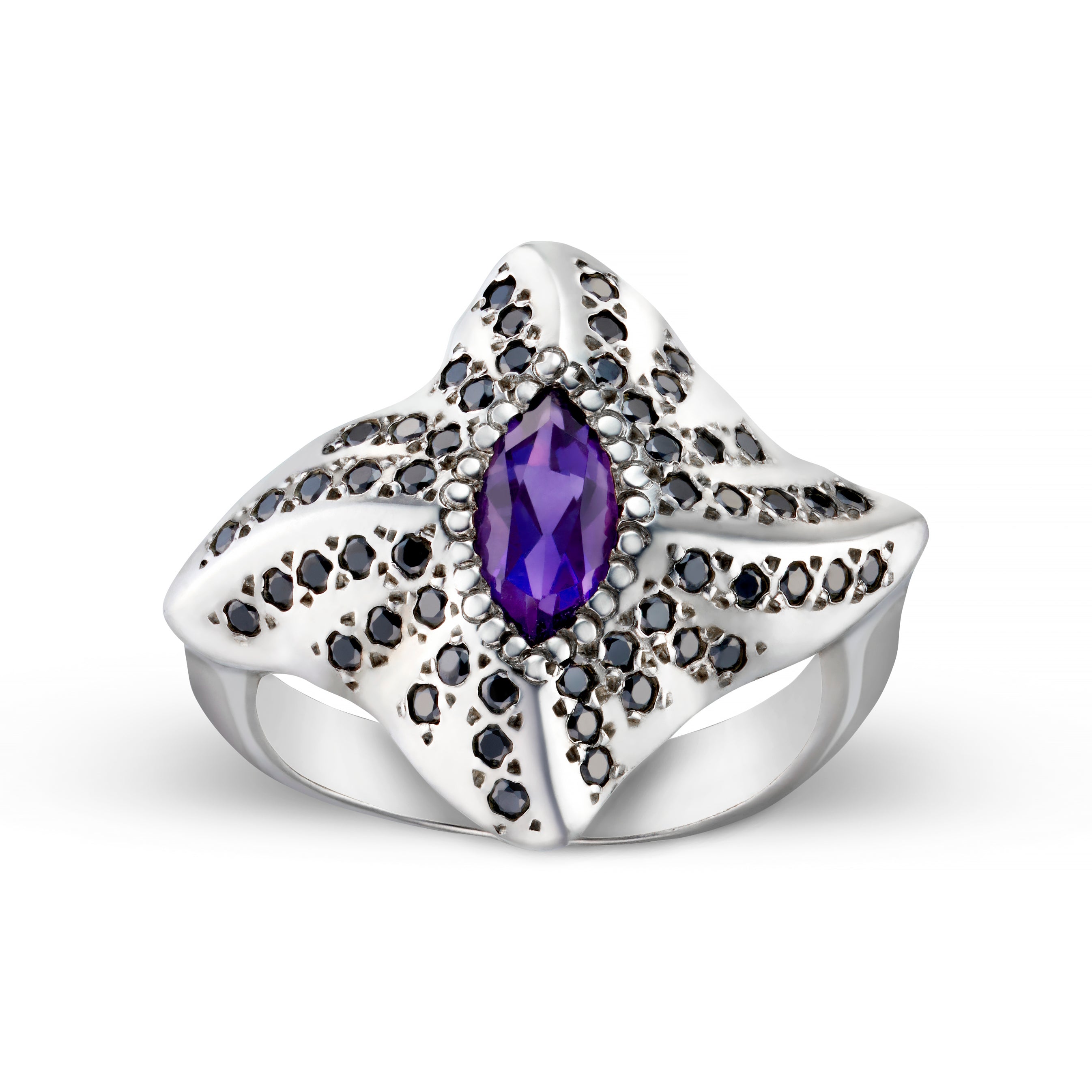 Manta Ray Silver Marquise Gemstone Ring - Black Cubic Zirconias