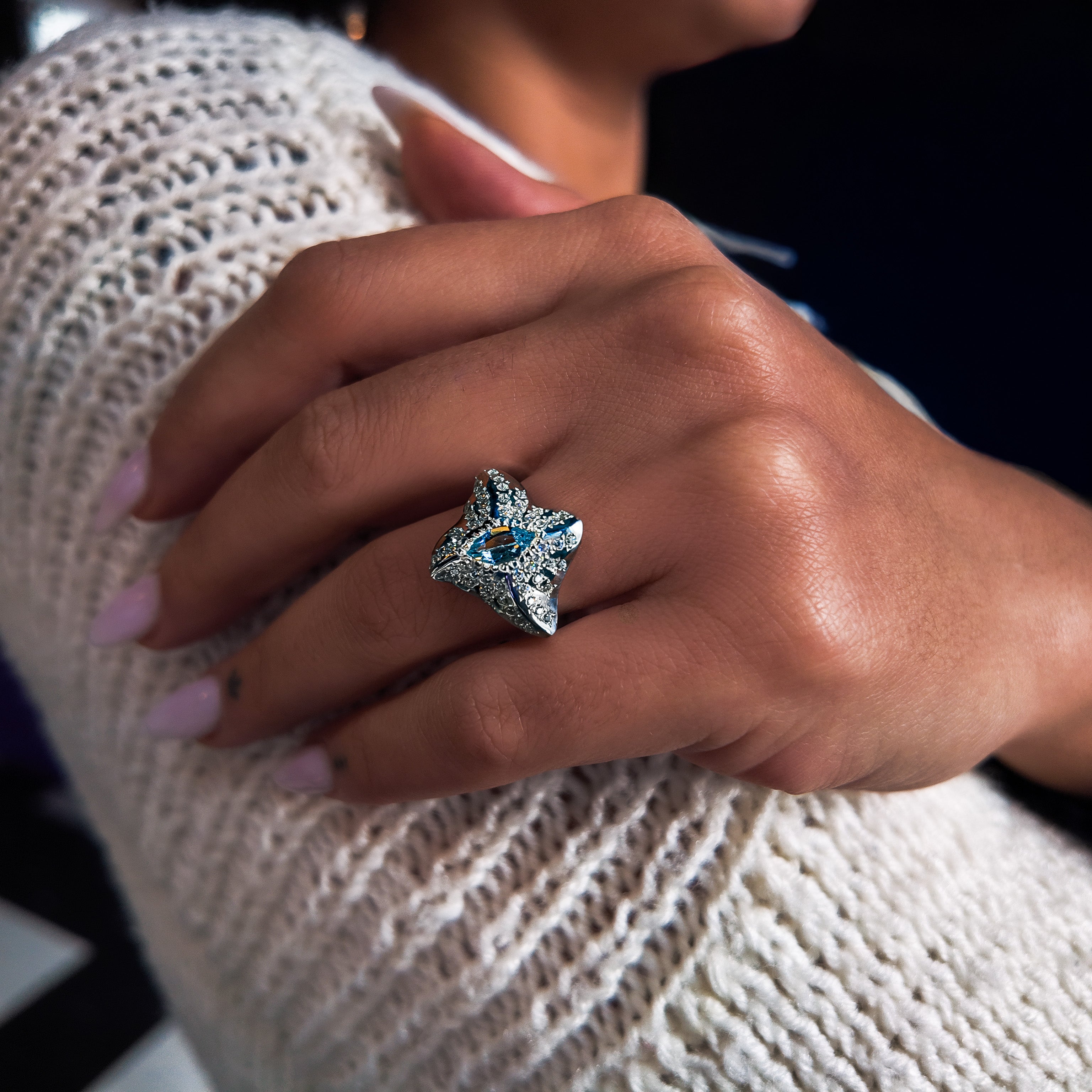 Manta Ray Silver Marquise Gemstone Ring - White Cubic Zirconias
