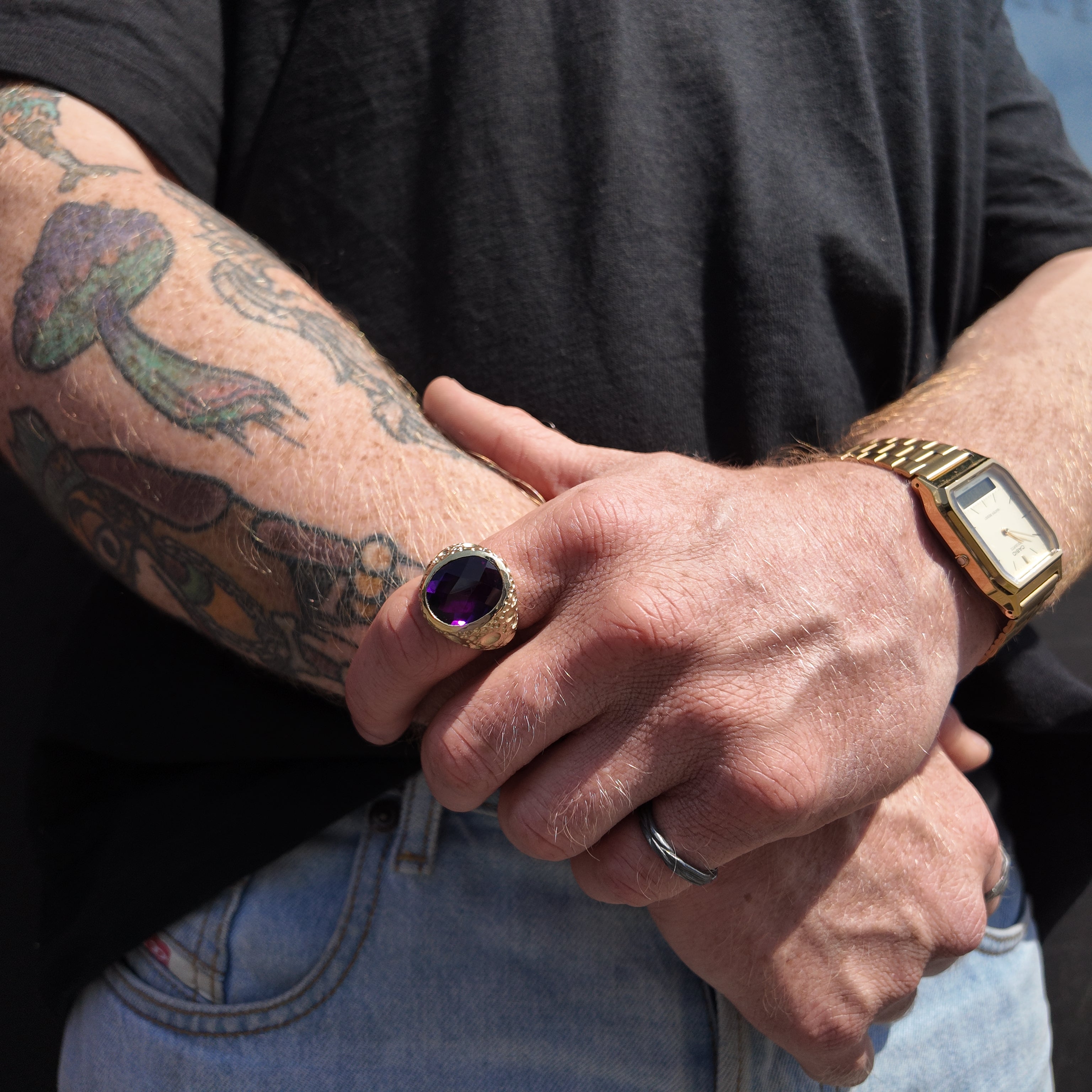 Moon Heavy Amethyst Gold Signet Ring