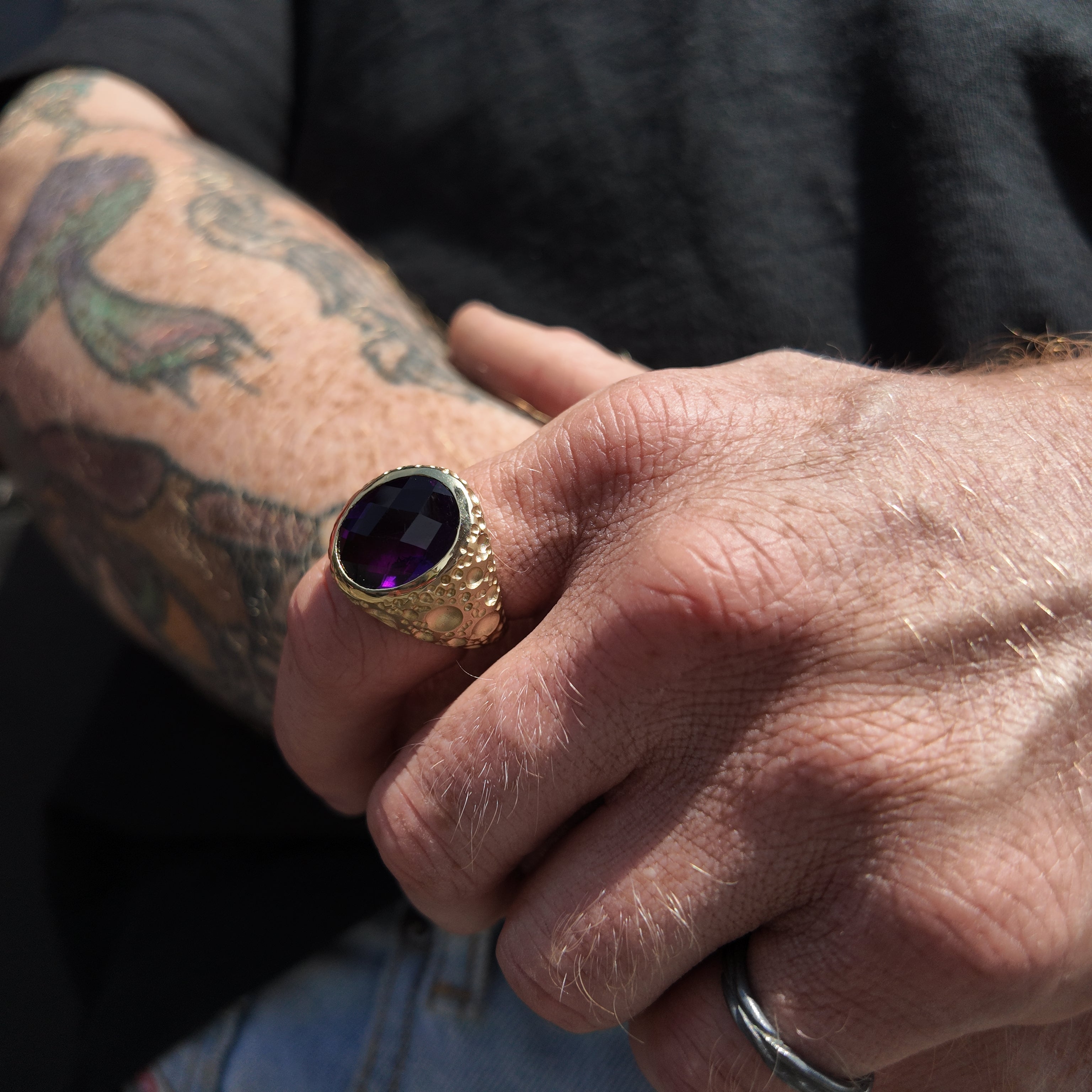 Moon Heavy Amethyst Gold Signet Ring