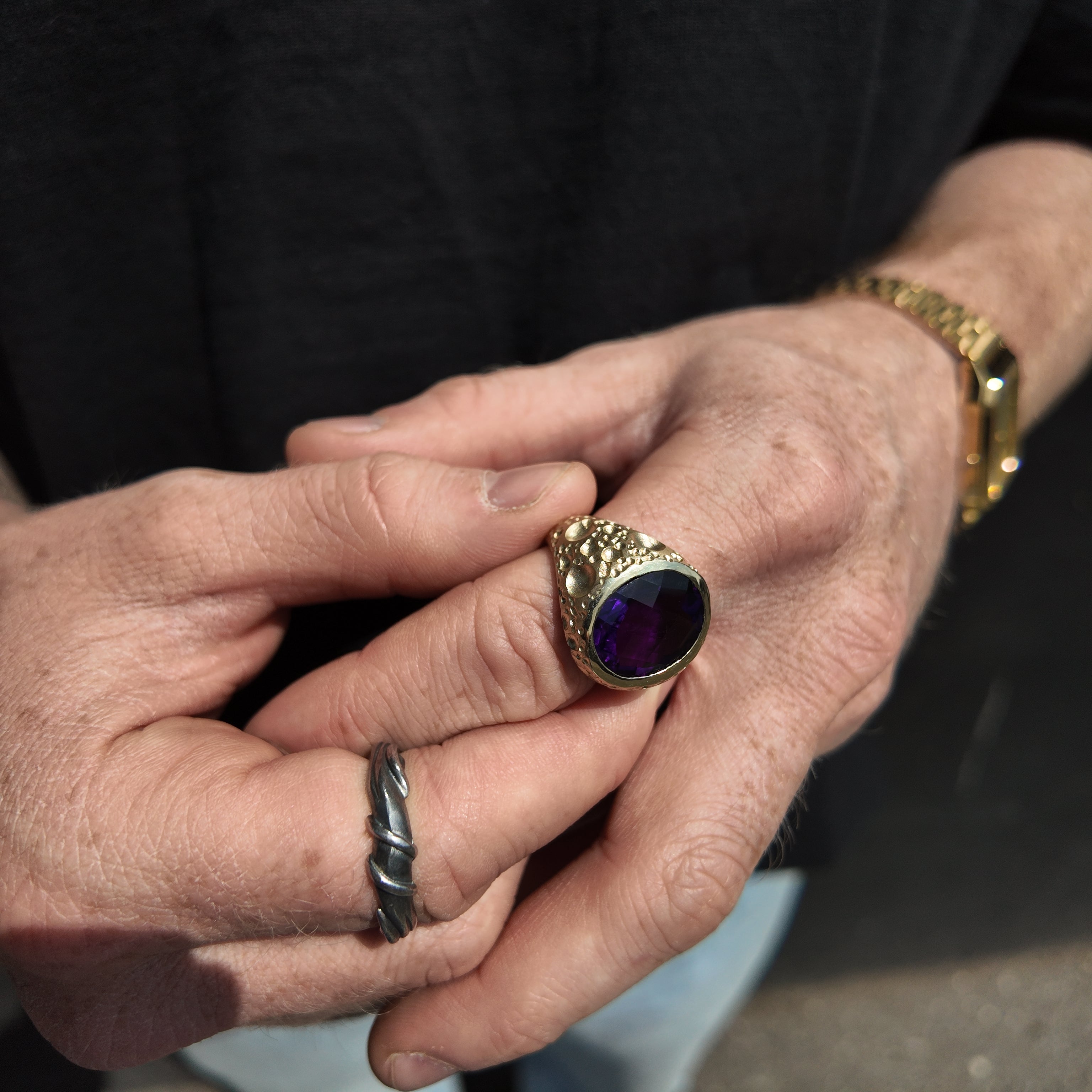Moon Heavy Amethyst Gold Signet Ring