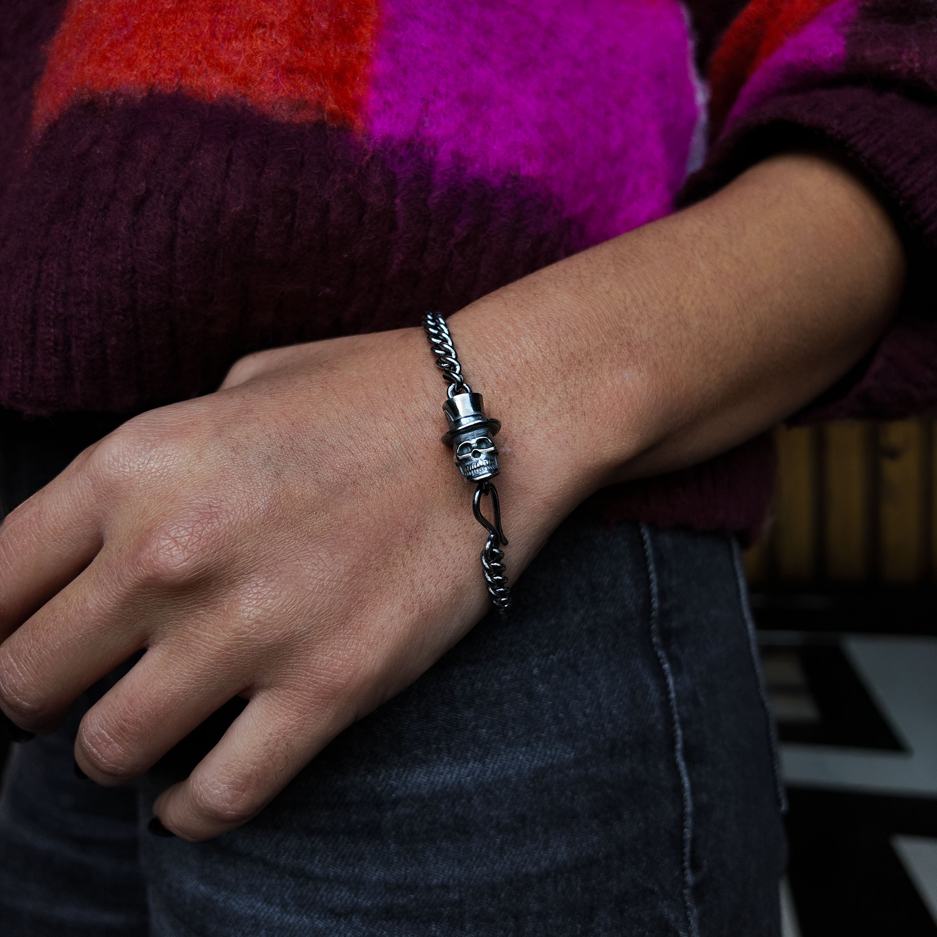 Skull in Top Hat Silver Bracelet