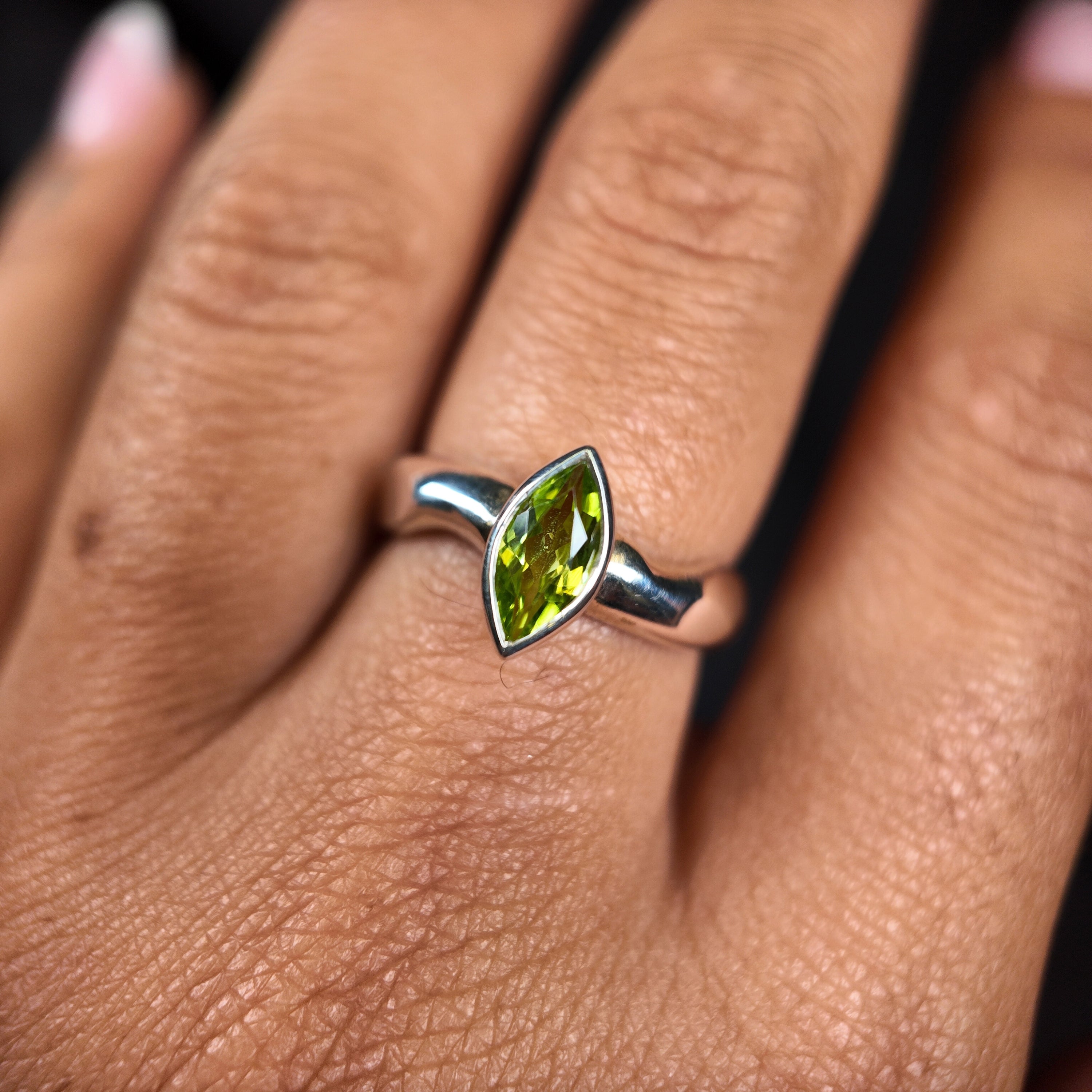 Carved Silver Small Marquise Gemstone Ring