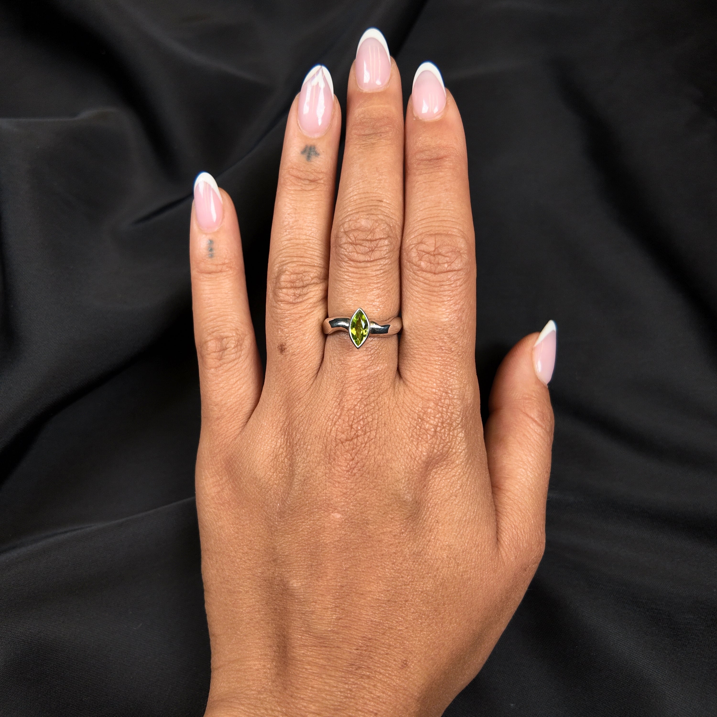Carved Silver Small Marquise Gemstone Ring