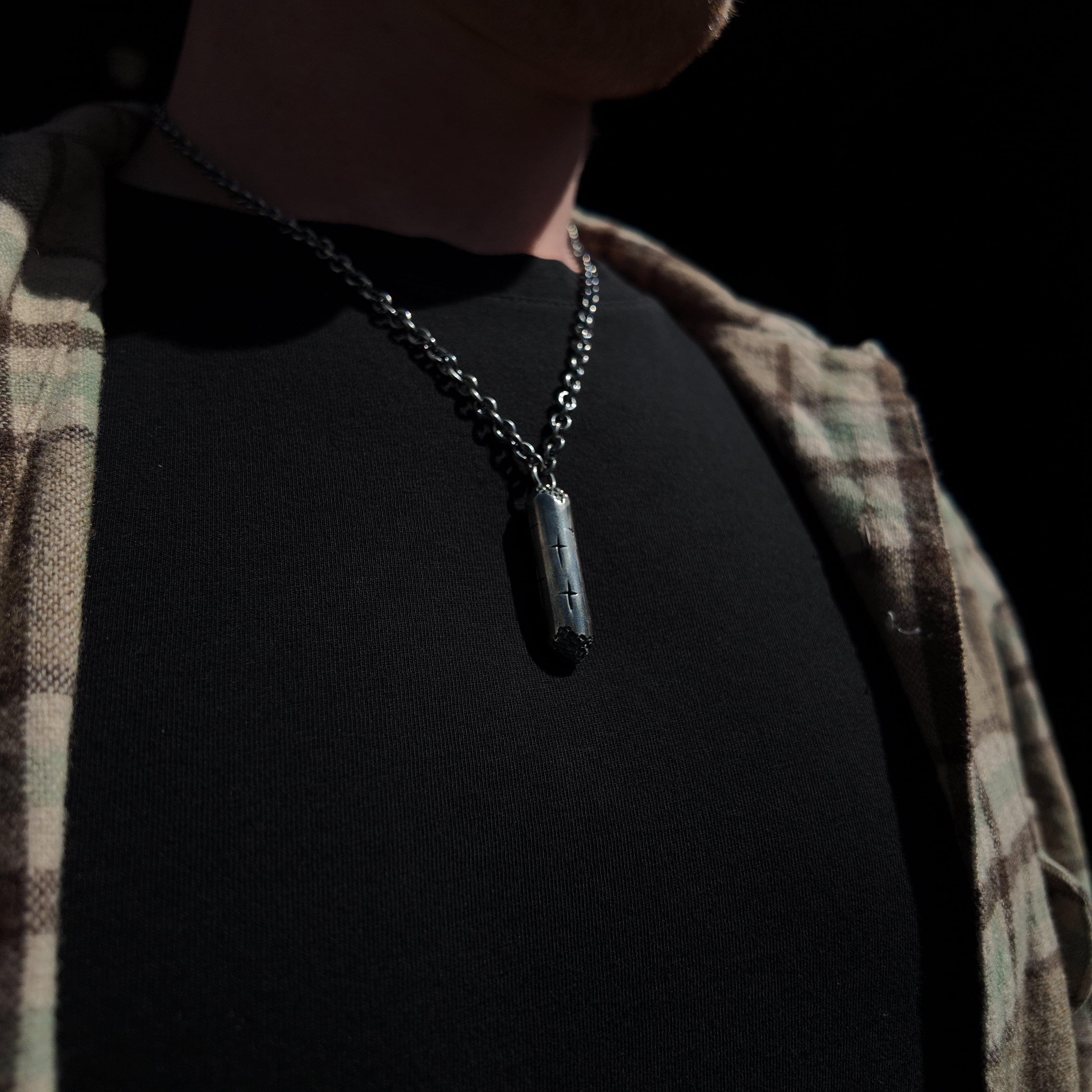large silver cylinder necklace from trinity collection
