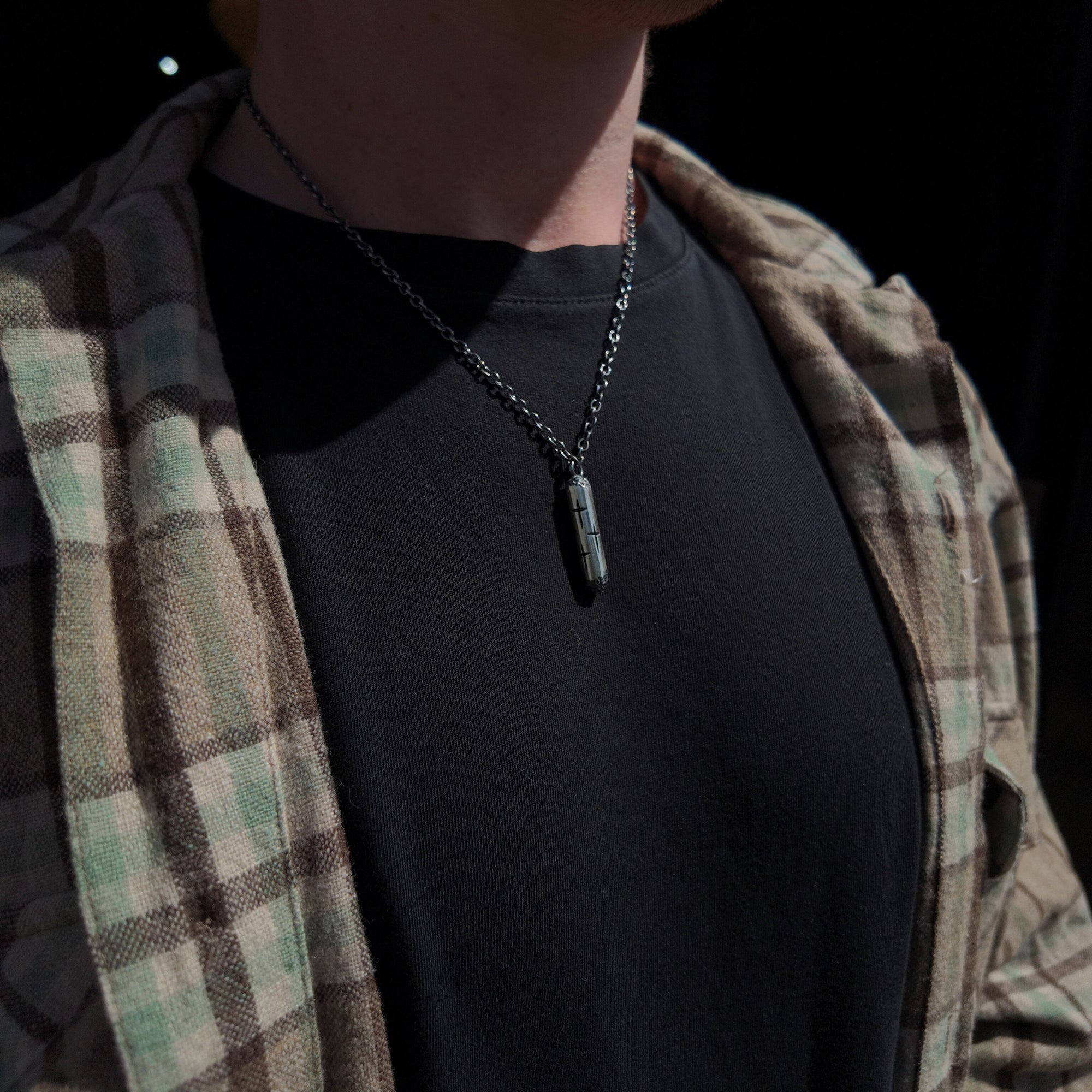 Trinity small silver cylinder necklace neck shot