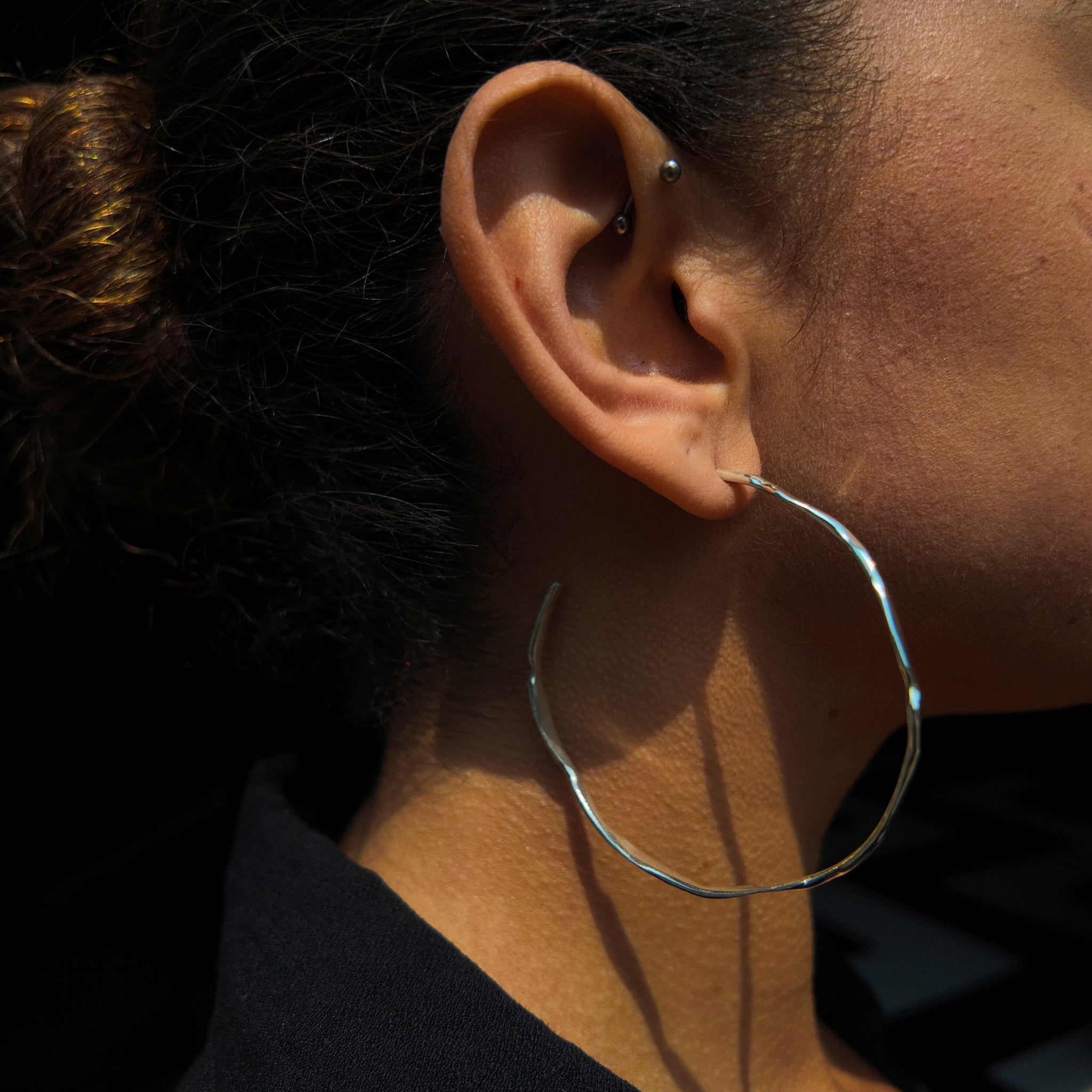 Carved Large Silver Hoop Earrings