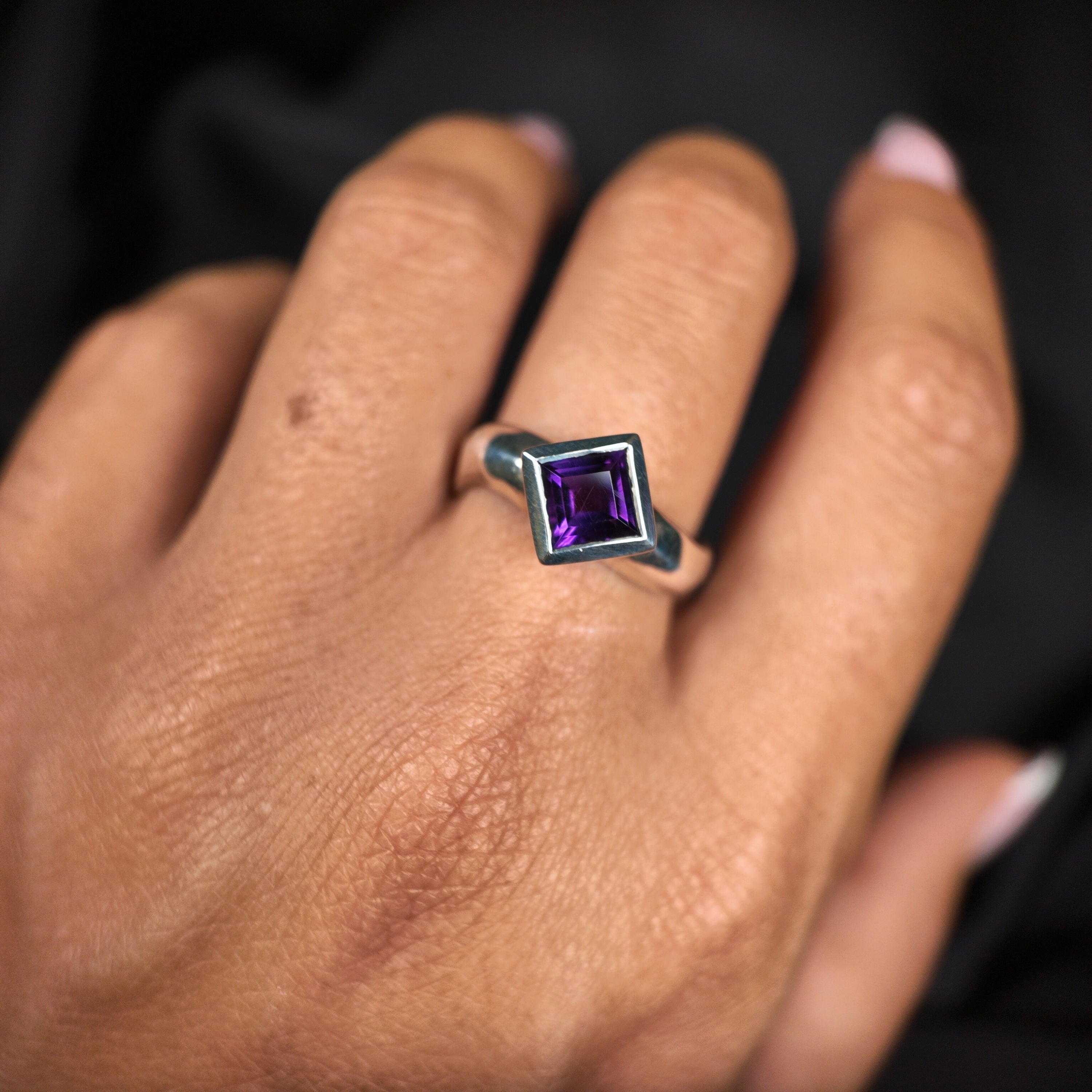 Carved Silver Large Square Gemstone Ring