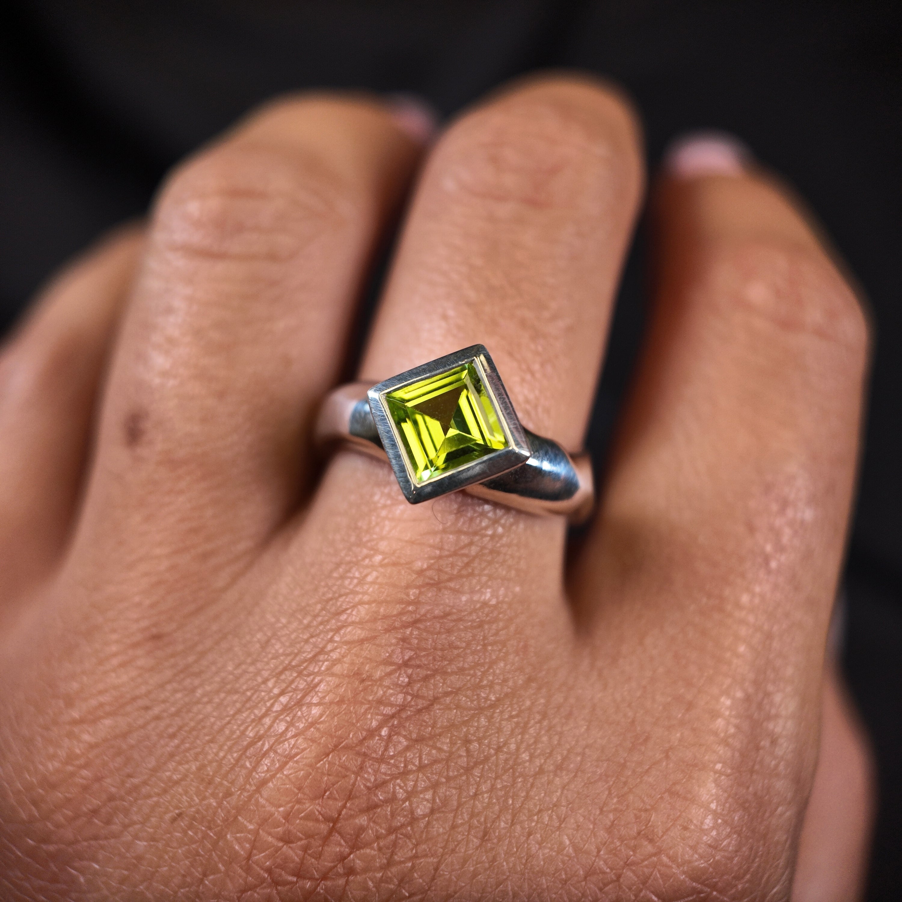 Carved Silver Large Square Gemstone Ring