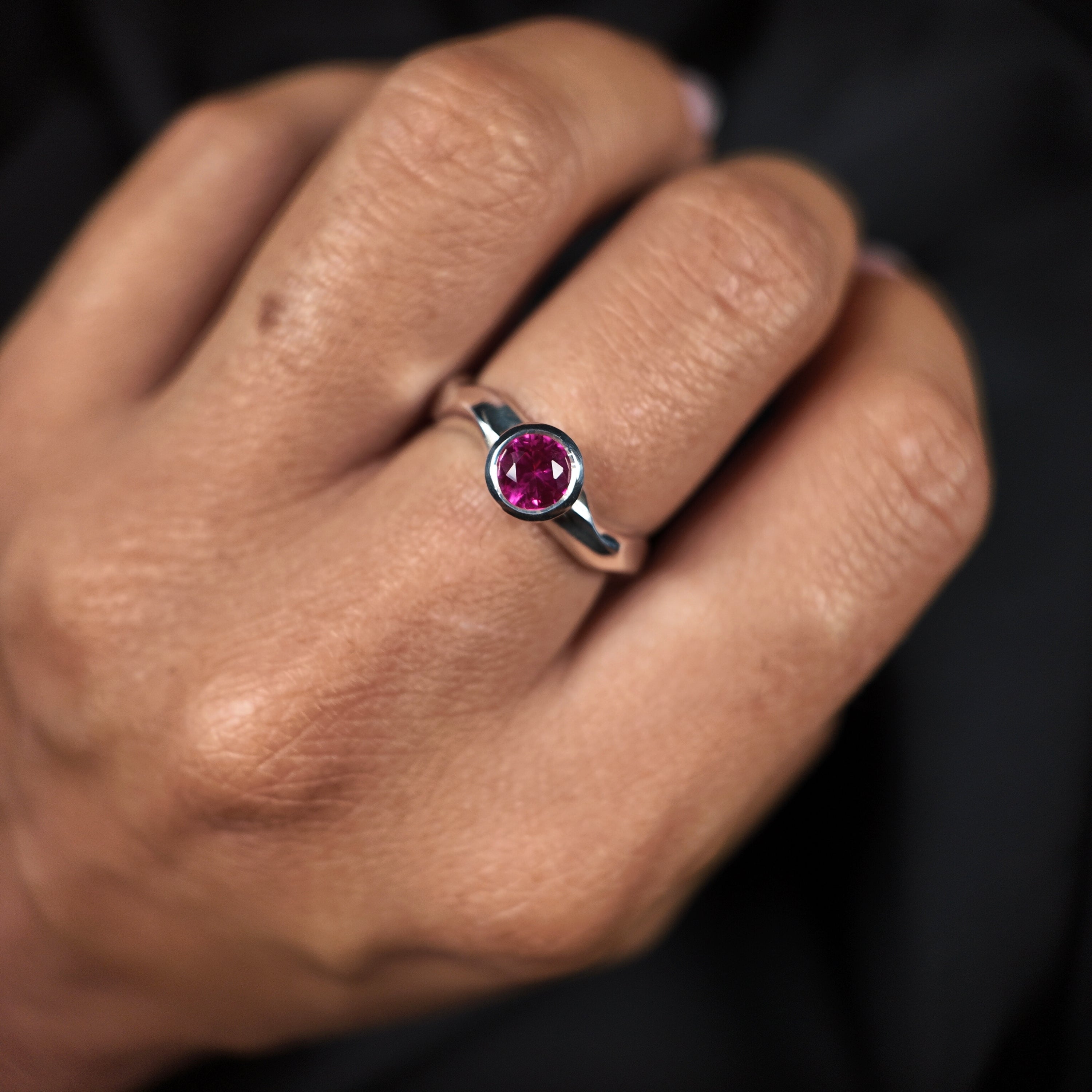 Carved Silver Small Round Gemstone Ring