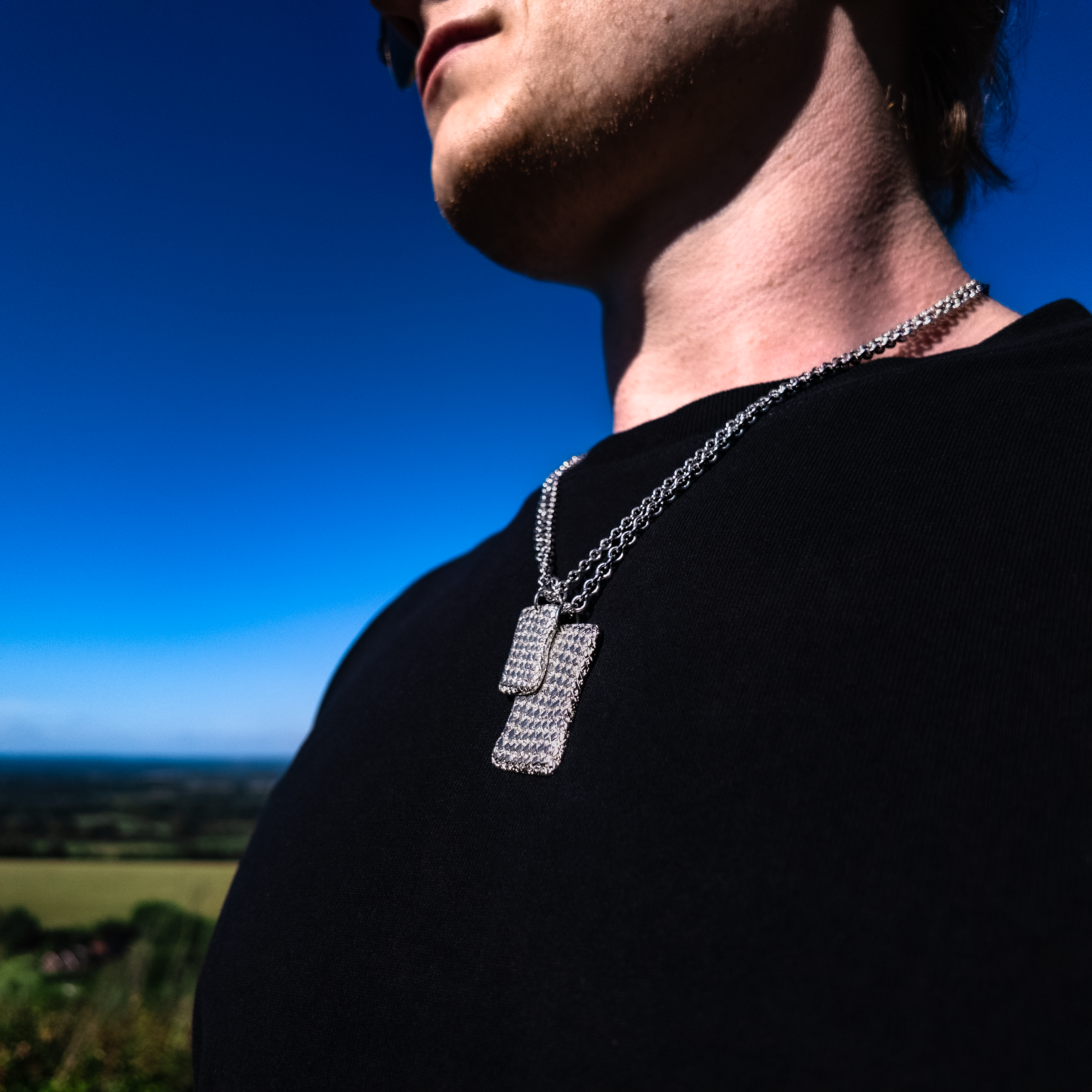 Chequered Large Silver Dog Tag Necklace