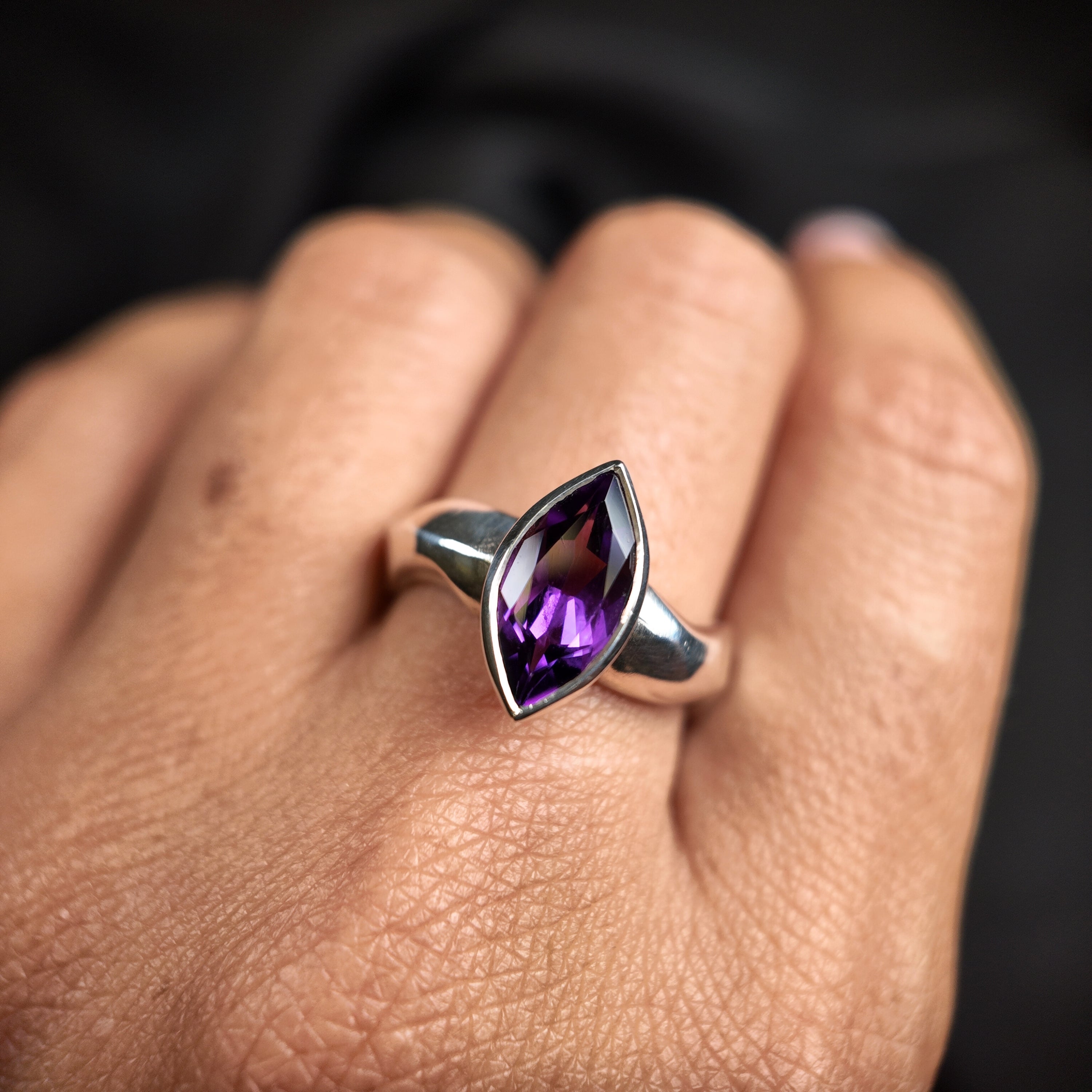 Carved Silver Marquise Gemstone Ring