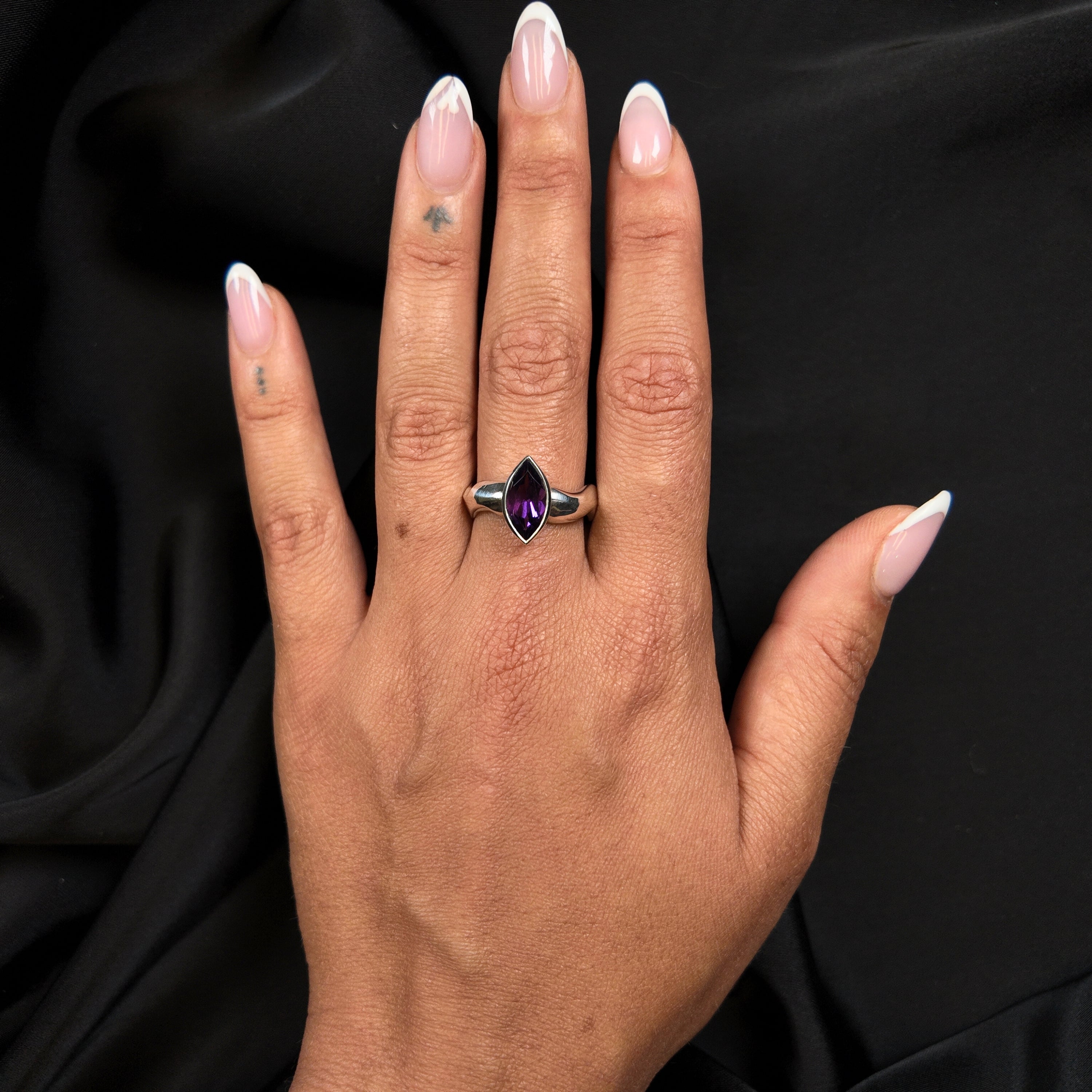 Carved Silver Marquise Gemstone Ring