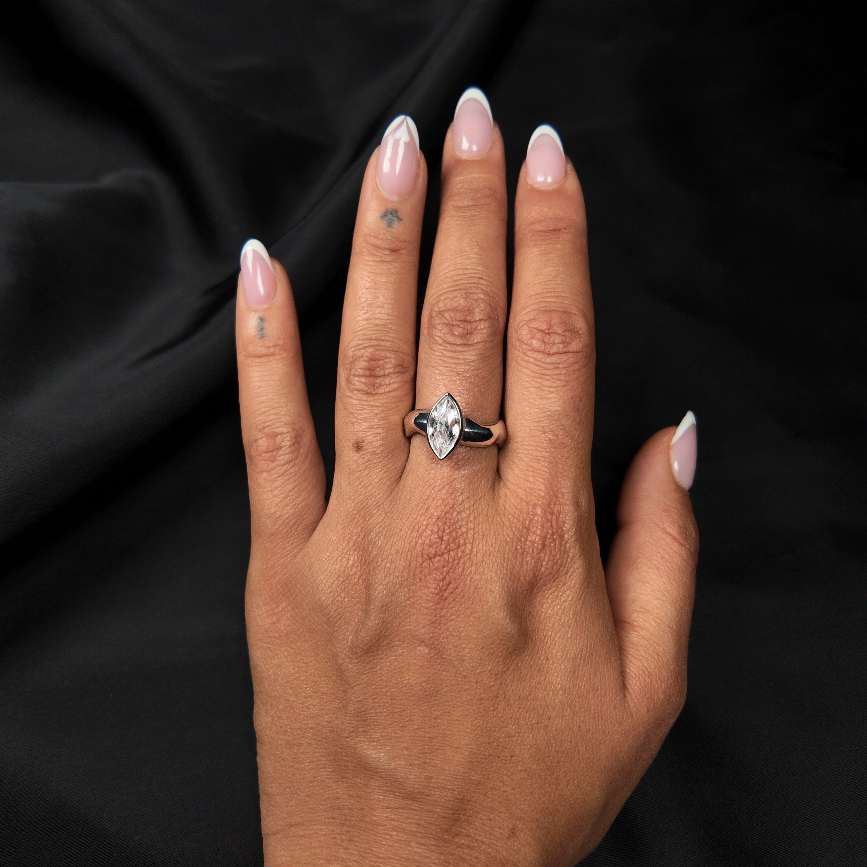 Carved Silver Marquise Gemstone Ring