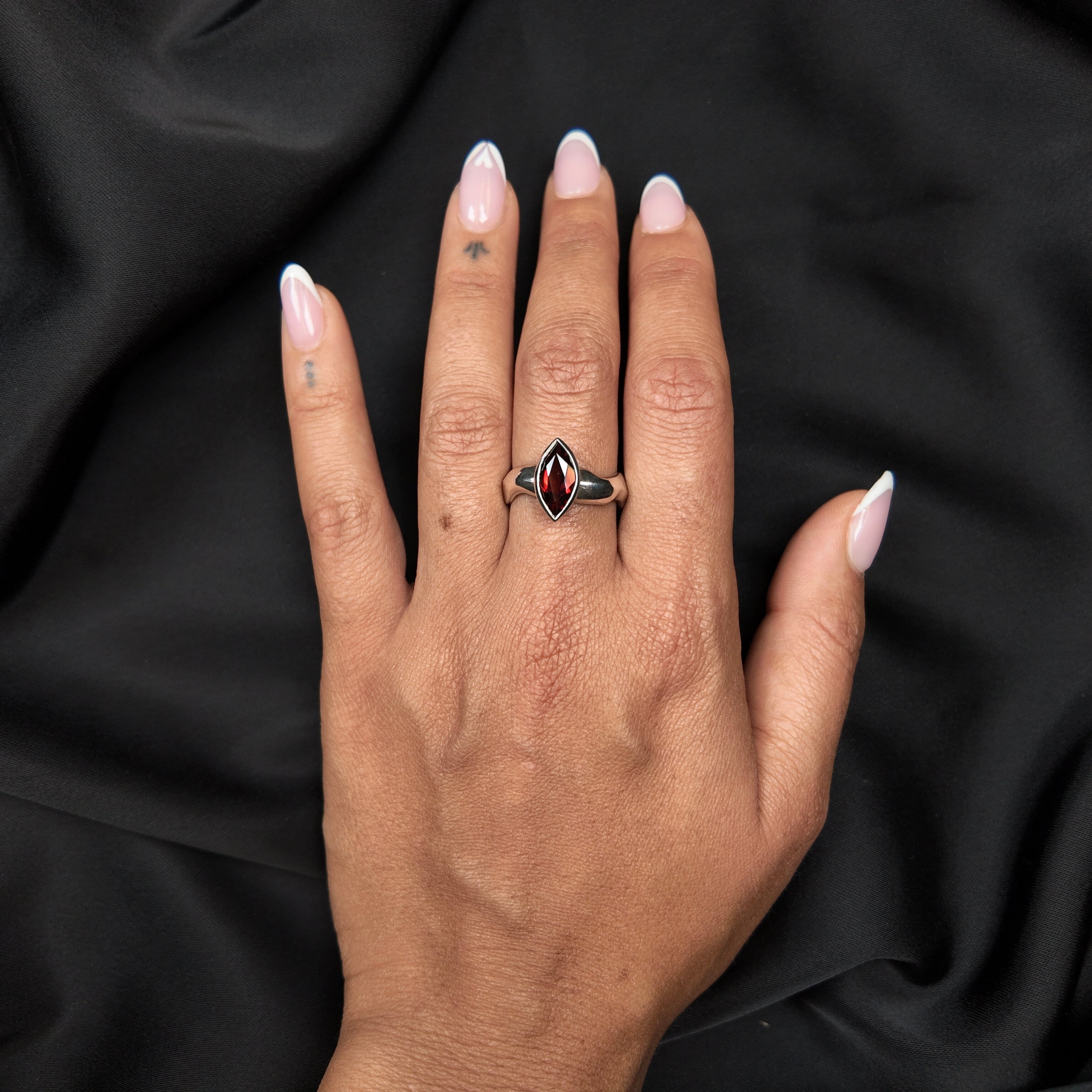 Carved Silver Marquise Gemstone Ring
