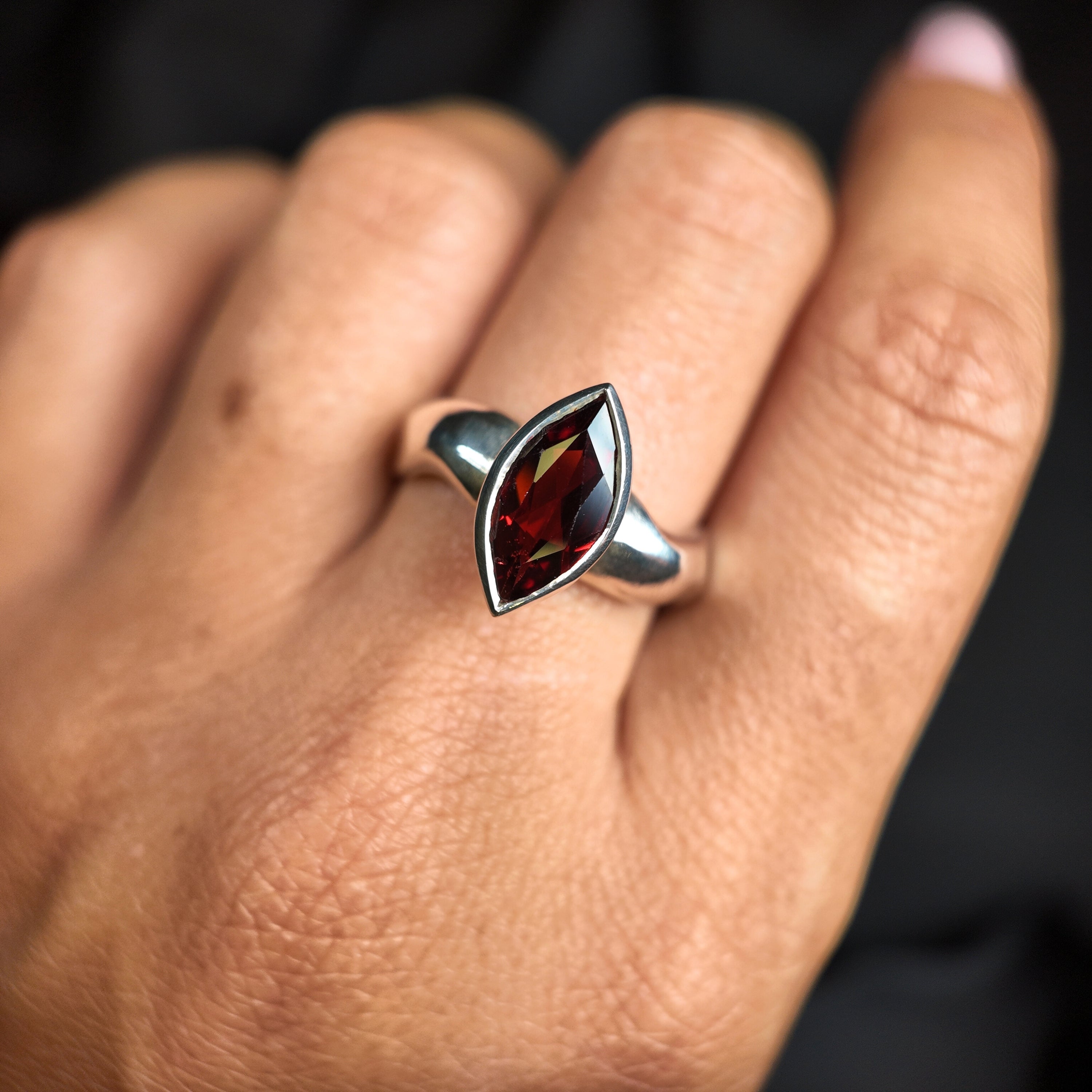 Carved Silver Marquise Gemstone Ring
