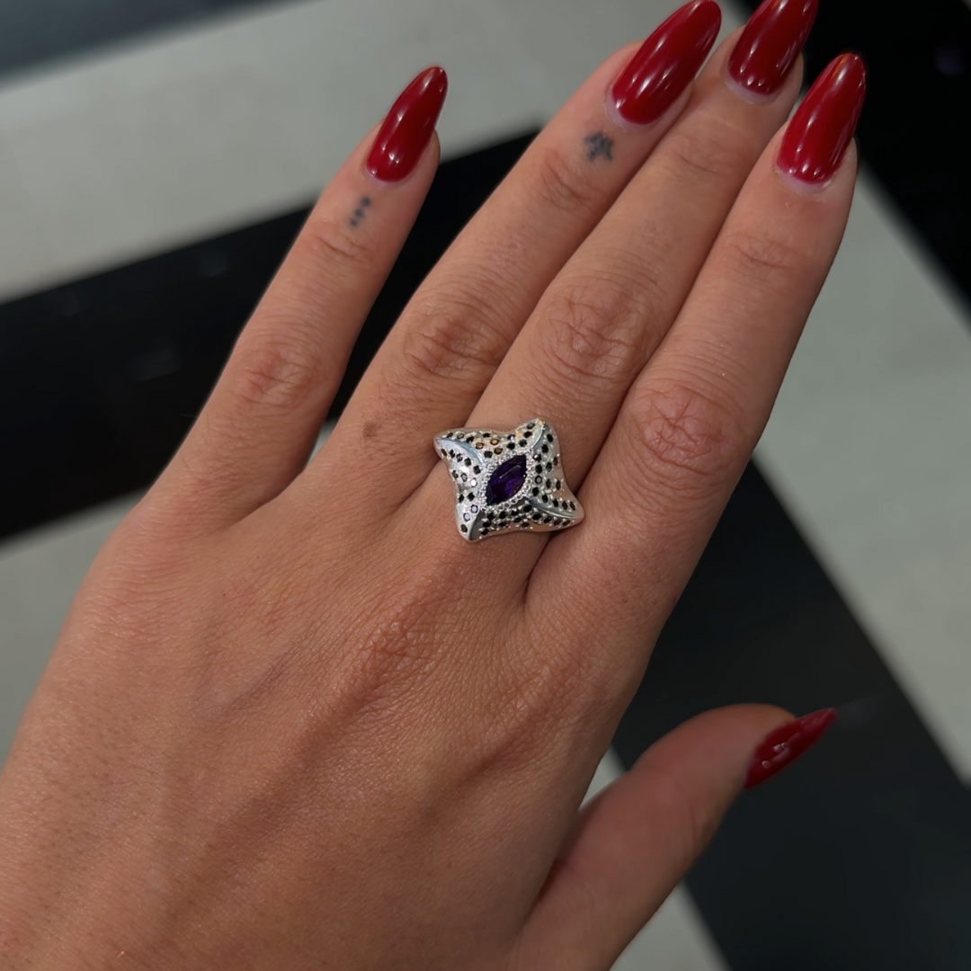 Manta Ray Silver Marquise Gemstone Ring