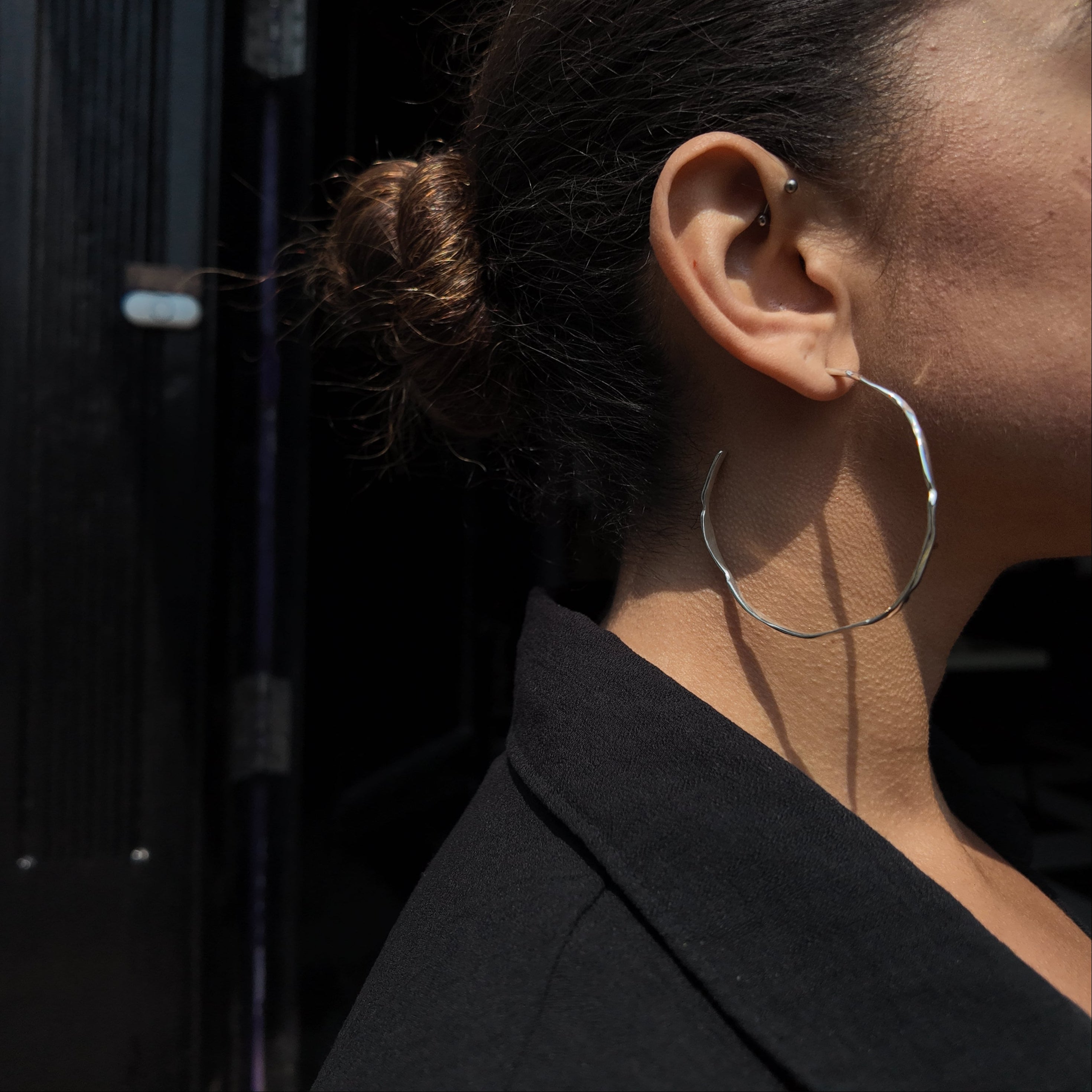 Carved Large Silver Hoop Earrings